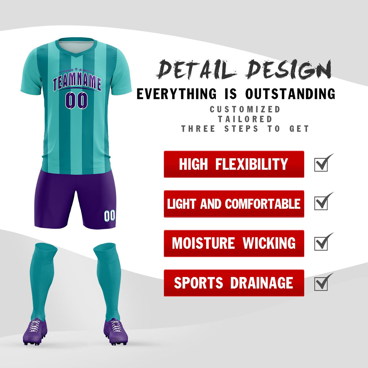 Custom Bright Green Aqua Vertical Stripes Casual Outdoor Soccer Sets Jersey