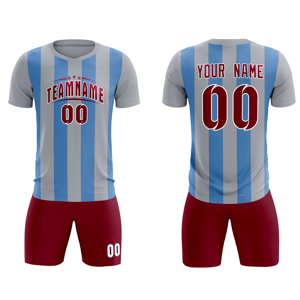 Custom Gray Light Blue Vertical Stripes Casual Outdoor Soccer Sets Jersey