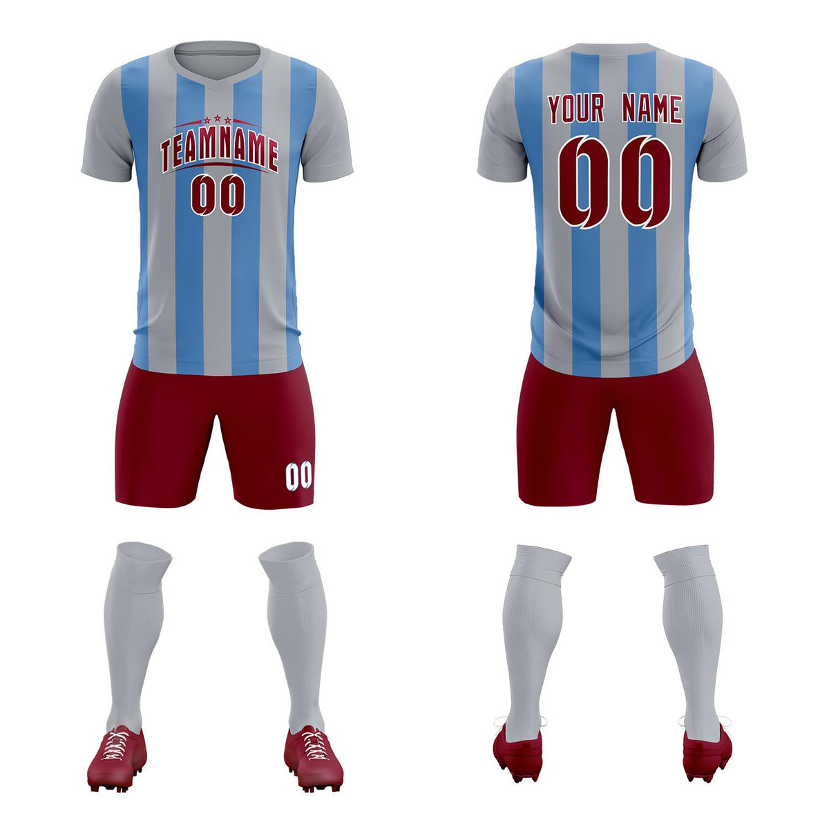 Custom Gray Light Blue Vertical Stripes Casual Outdoor Soccer Sets Jersey