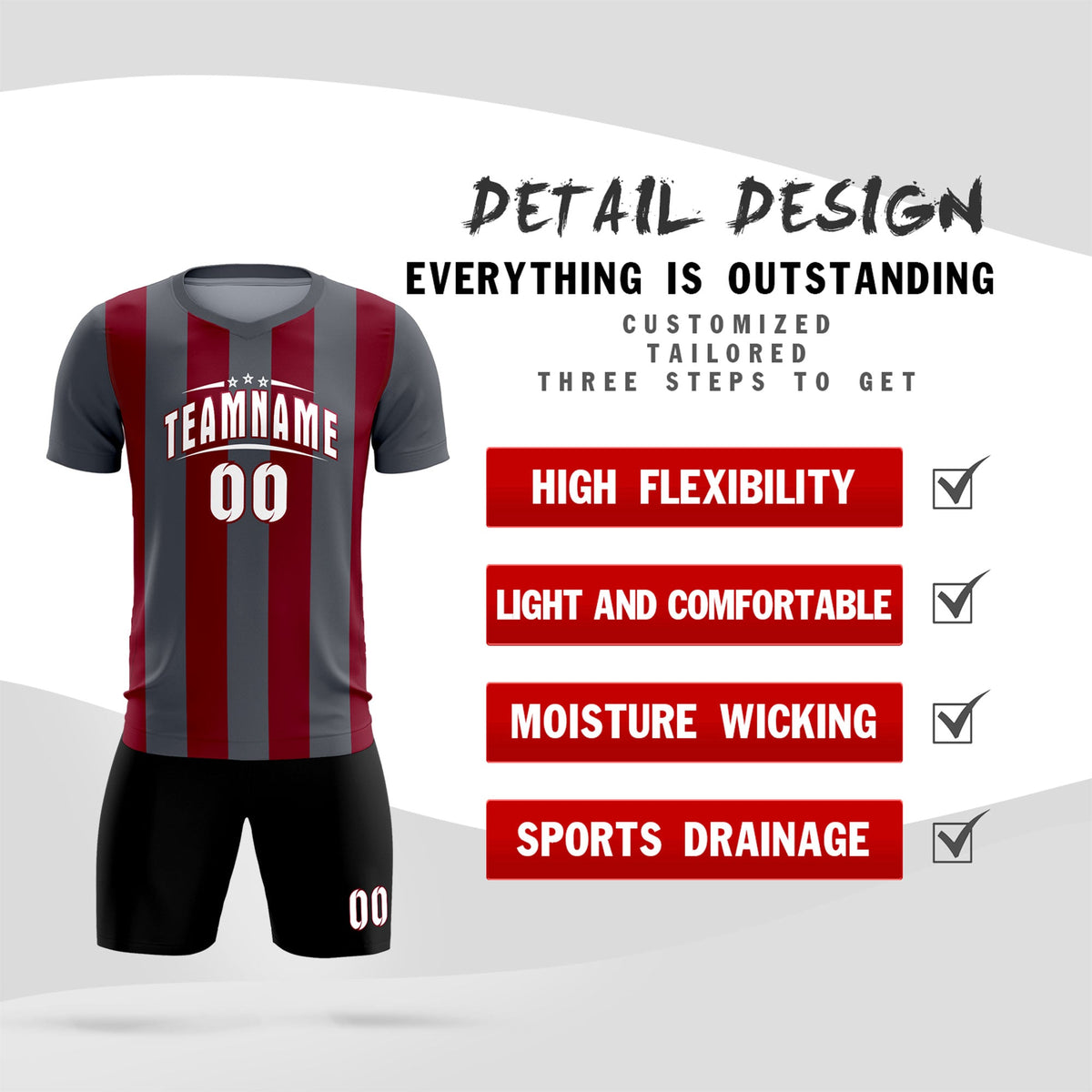 Custom Dark Gray Crimson Vertical Stripes Casual Outdoor Soccer Sets Jersey