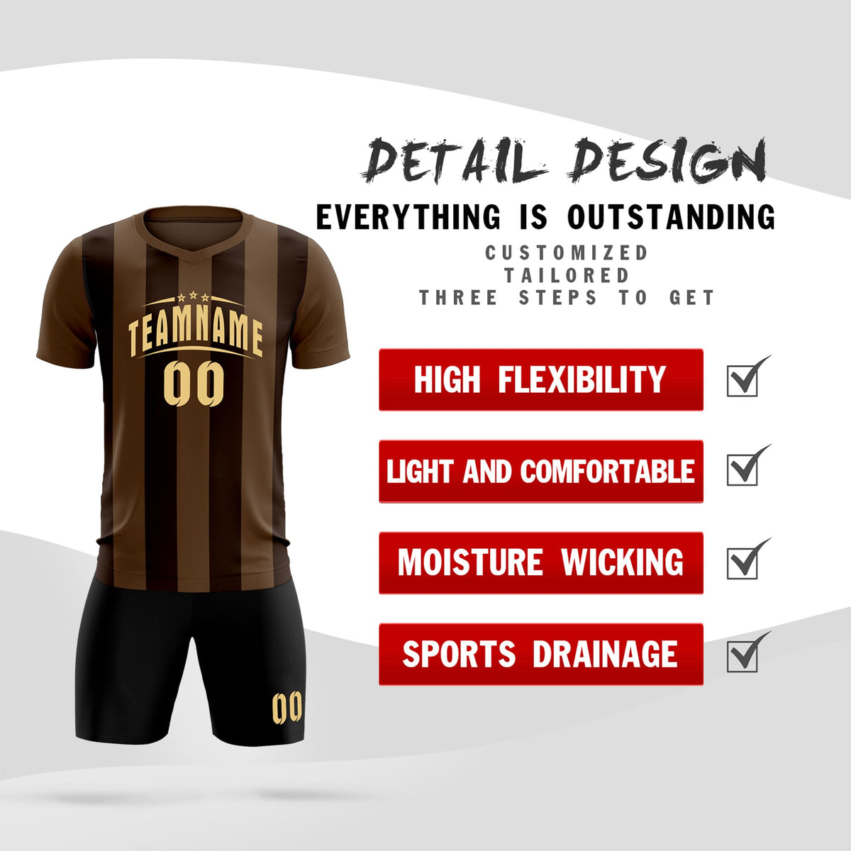 Custom Light Brown Brown Vertical Stripes Casual Outdoor Soccer Sets Jersey