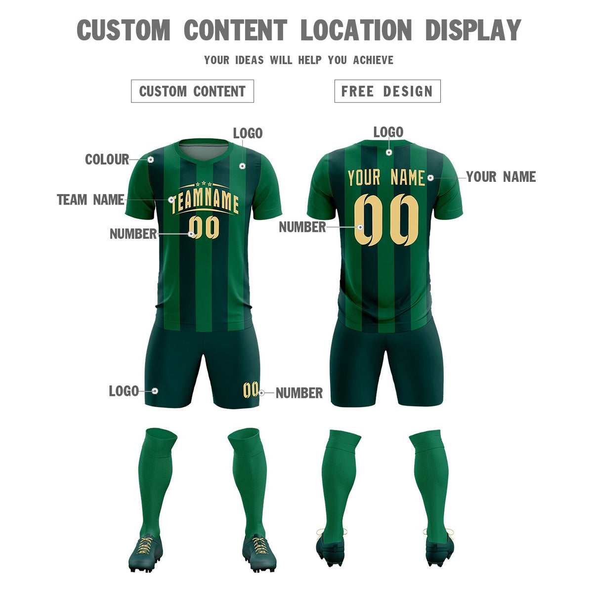 Custom Kelly Green Midnight Green Vertical Stripes Casual Outdoor Soccer Sets Jersey