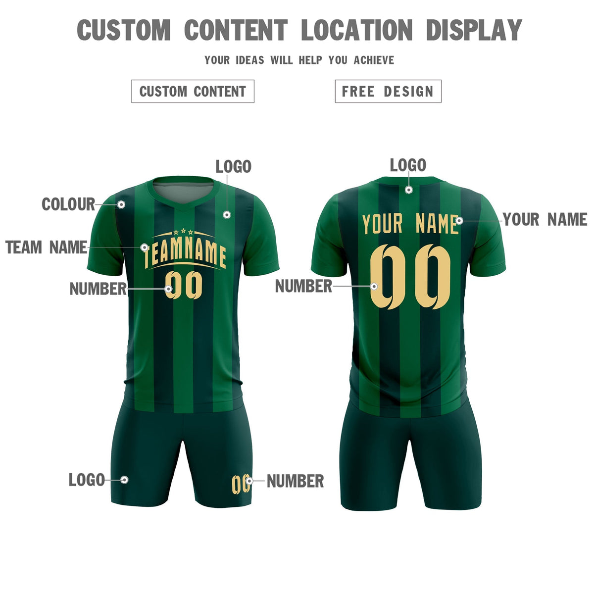 Custom Kelly Green Midnight Green Vertical Stripes Casual Outdoor Soccer Sets Jersey