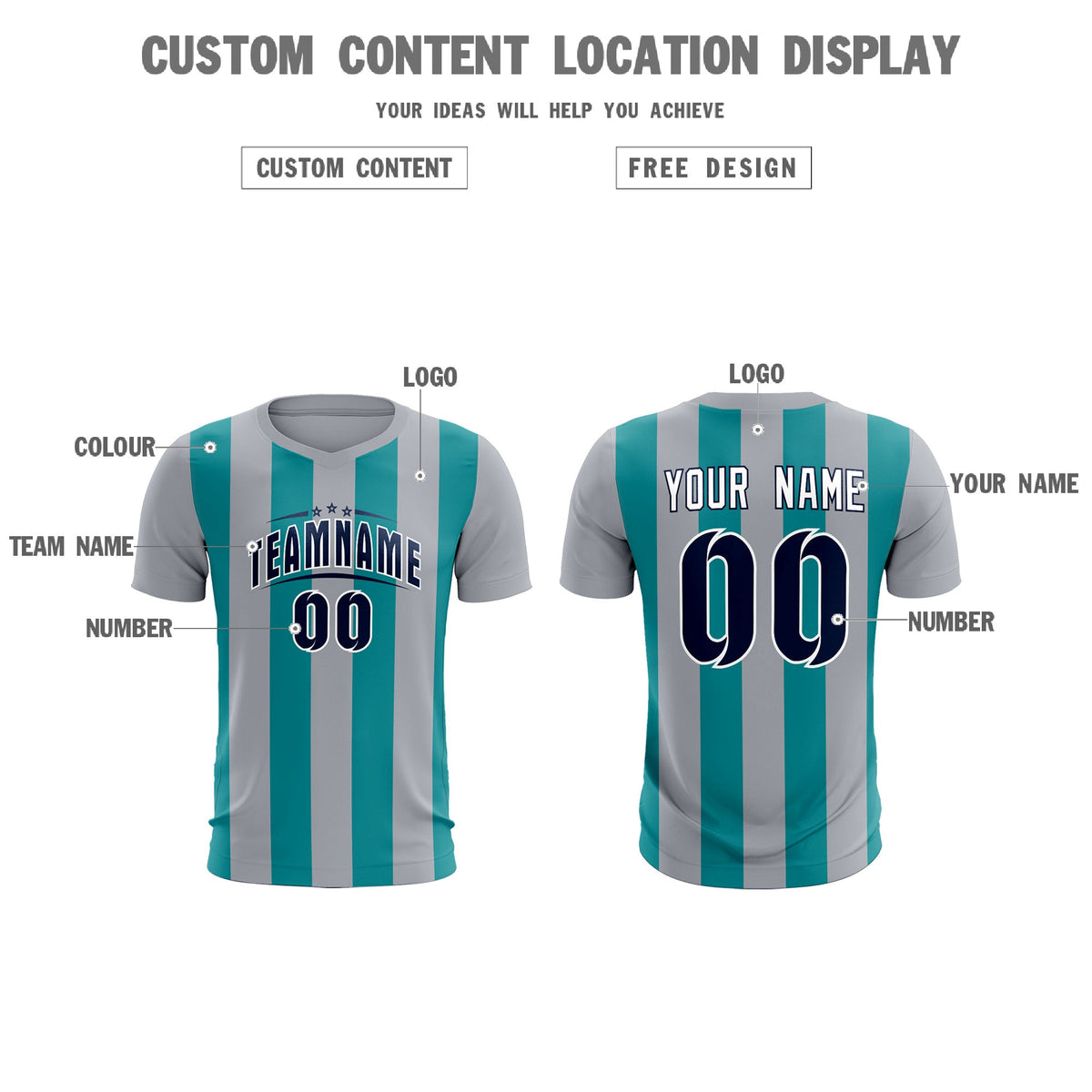 Custom Gray Aqua Vertical Stripes Casual Outdoor Soccer Sets Jersey