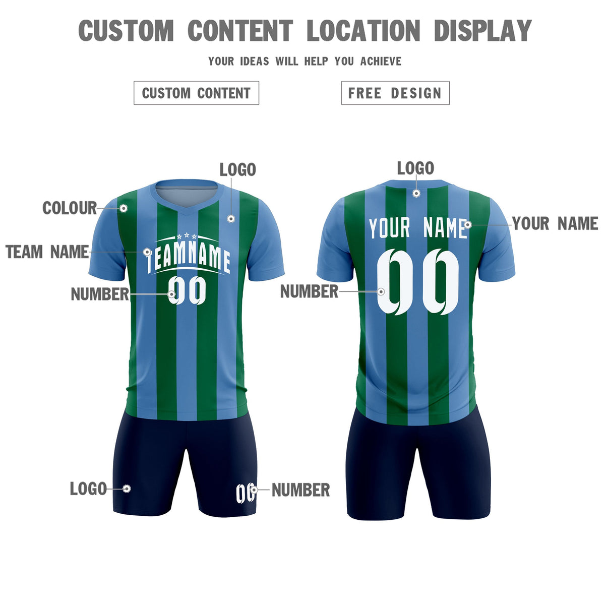 Custom Light Blue Kelly Green Vertical Stripes Casual Outdoor Soccer Sets Jersey