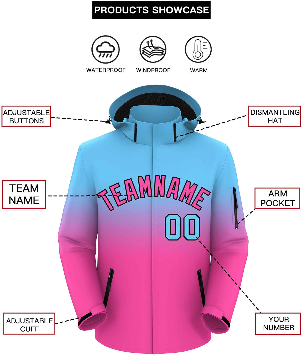 Custom Blue Pink Gradient Fashion Outdoor Hooded Waterproof Jacket