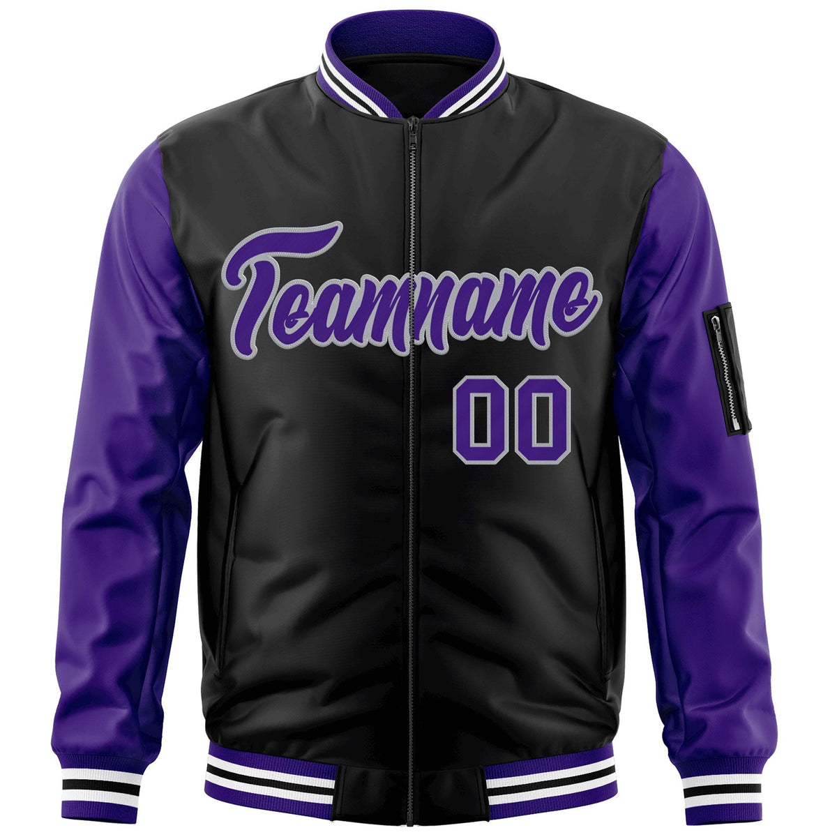 Custom Black Purple-Gray Varsity Full-Zip Raglan Sleeves Letterman Bomber Jacket