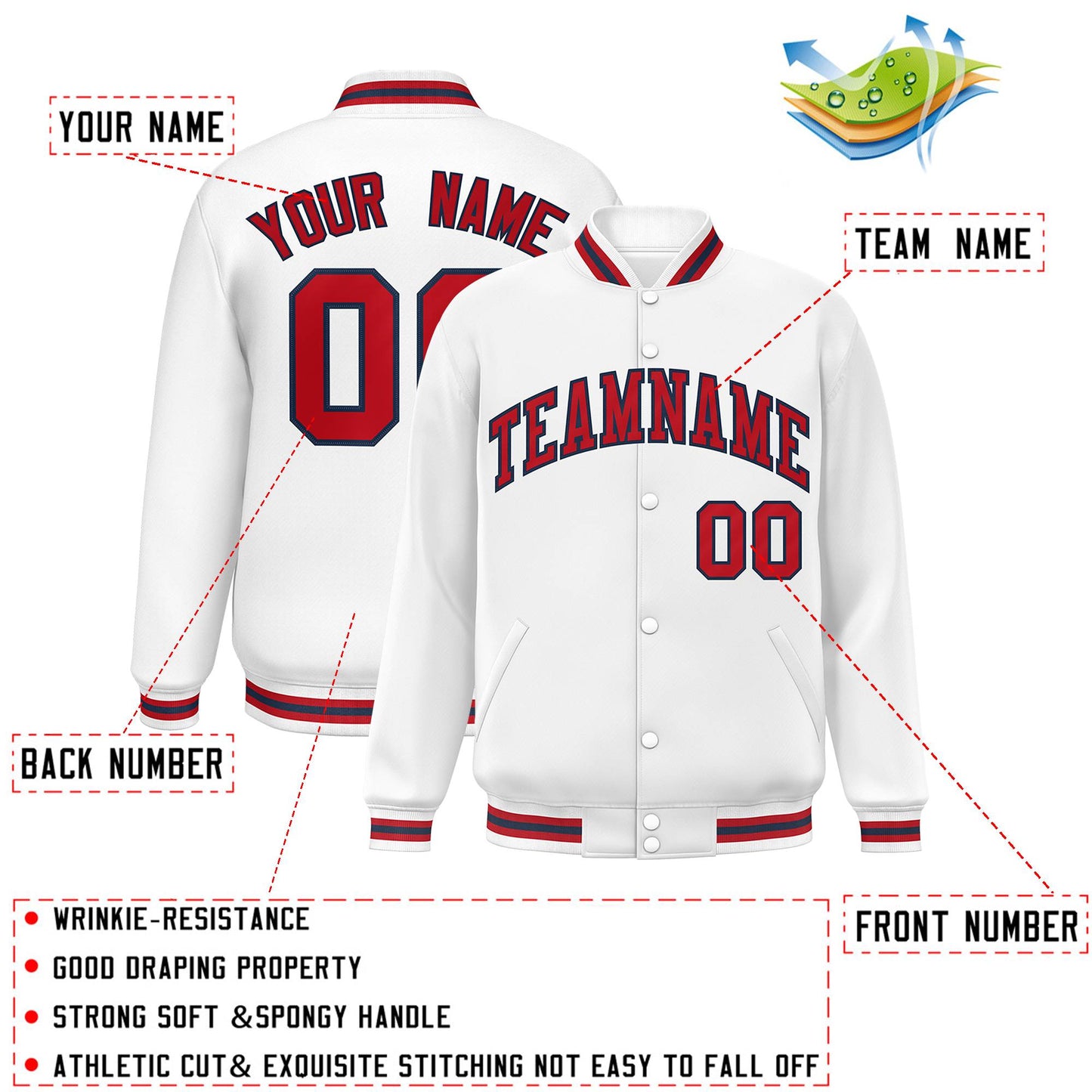 Custom White Royal-Red Letterman Two Tone Classic Style Varsity Full-Snap Jacket