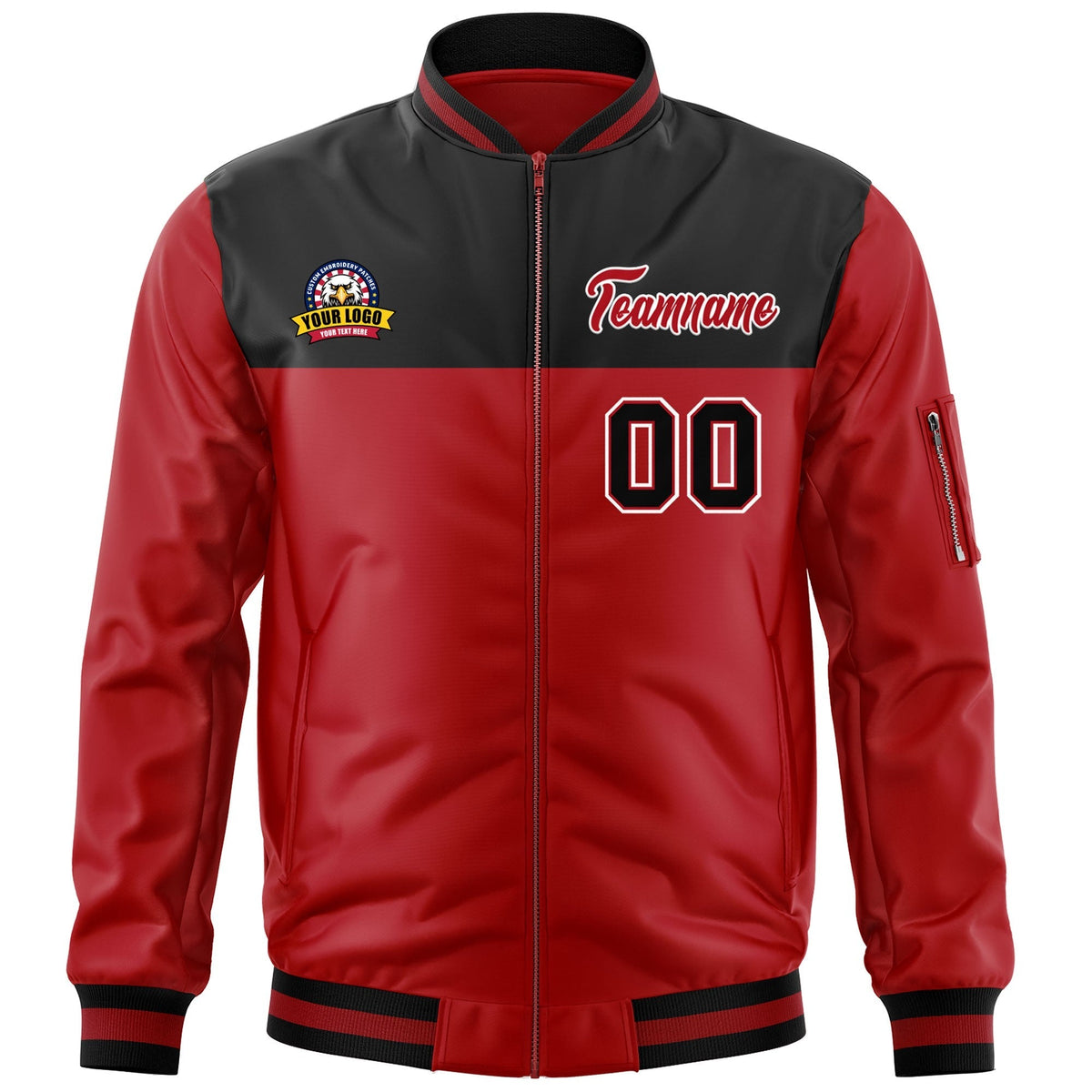 Custom Black Red Varsity Full-Zip Color Block Letterman Bomber Jacket