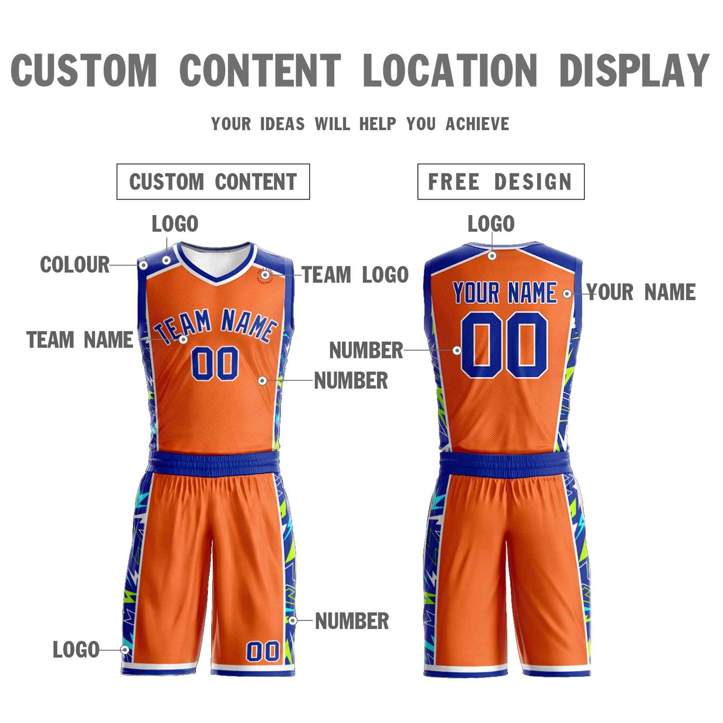 Custom Orange Royal-White Graffiti Pattern Sets Lightning Basketball Jersey