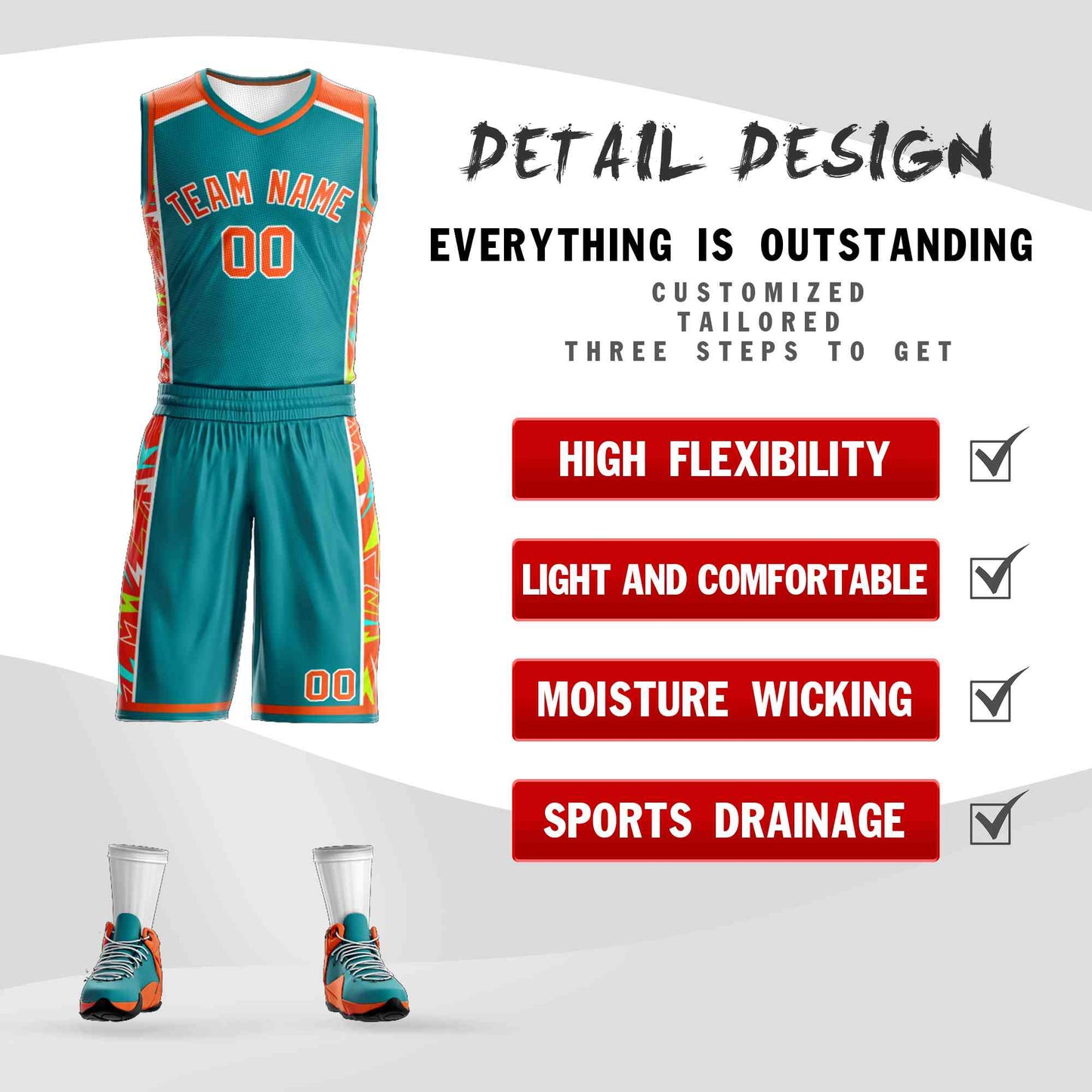 Custom Teal Orange-White Graffiti Pattern Sets Lightning Basketball Jersey