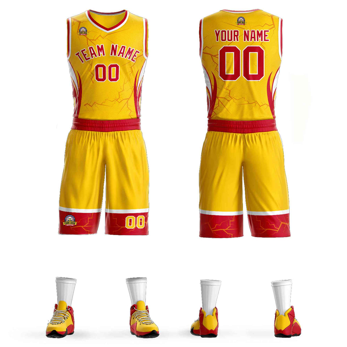 Custom Gold Red-White Graffiti Pattern Sets Lightning Basketball Jersey