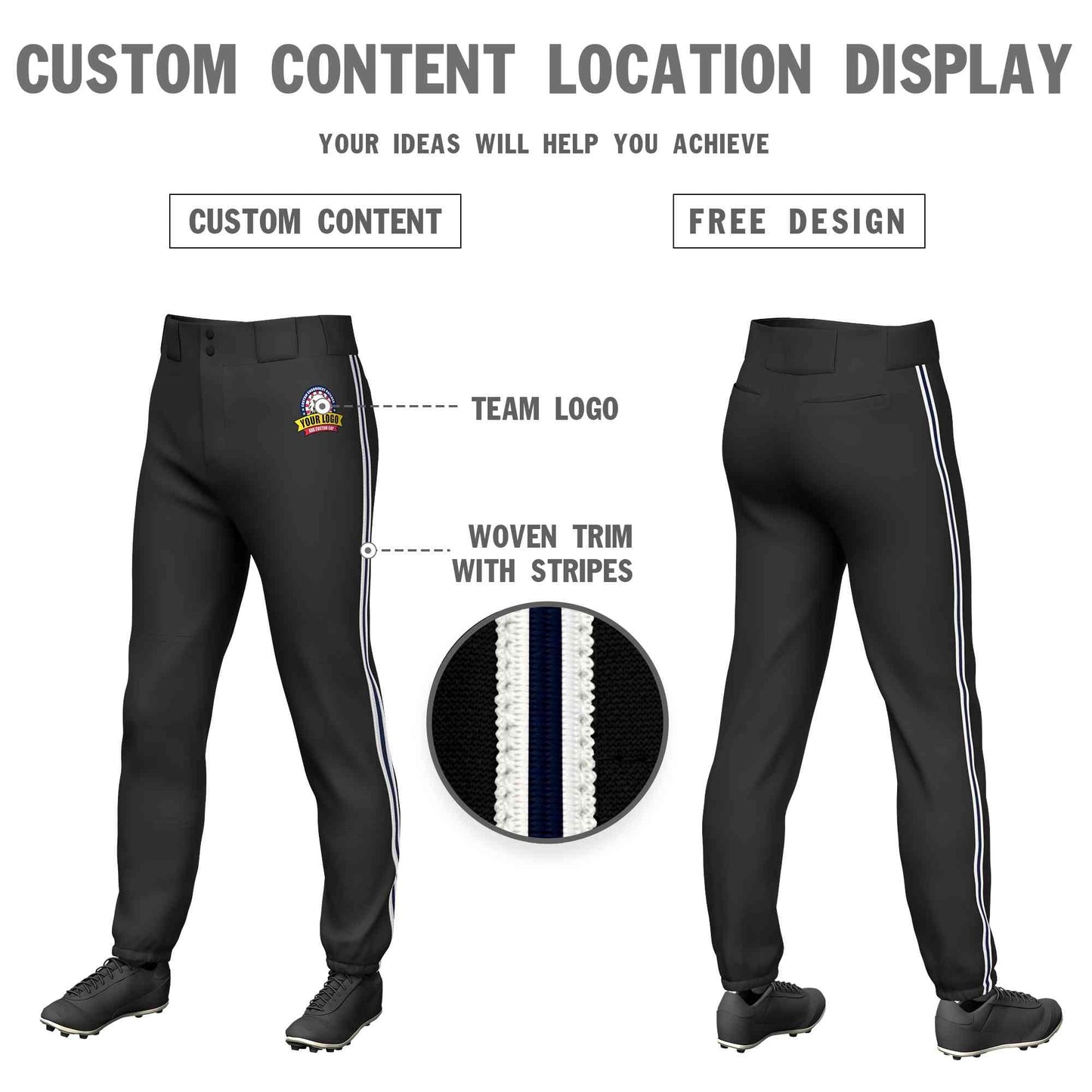 Custom Black White Navy-White Classic Fit Stretch Practice Pull-up Baseball Pants