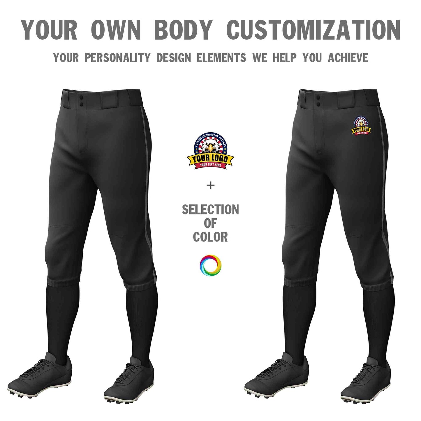 Custom Black Dark Gray Classic Fit Stretch Practice Knickers Baseball Pants