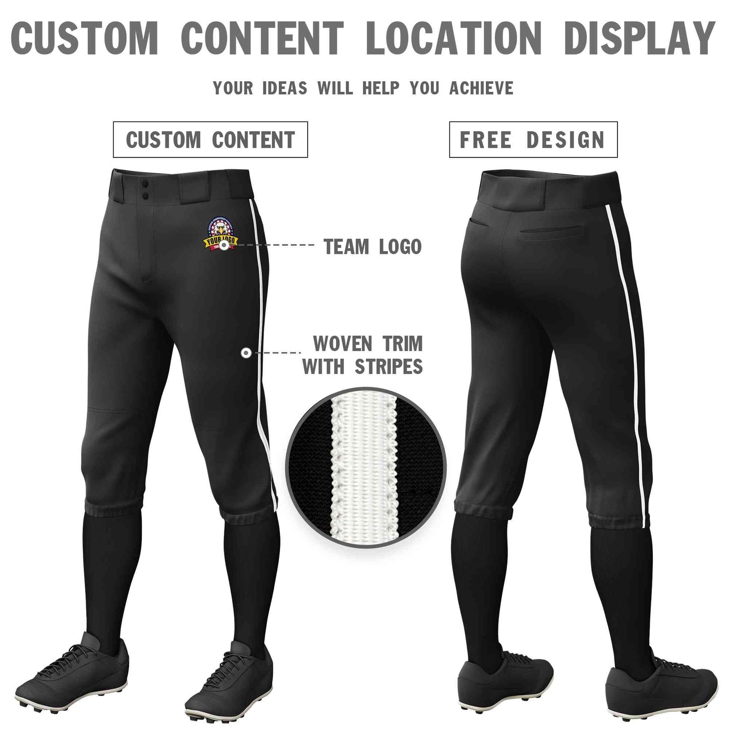 Custom Black White Classic Fit Stretch Practice Knickers Baseball Pants