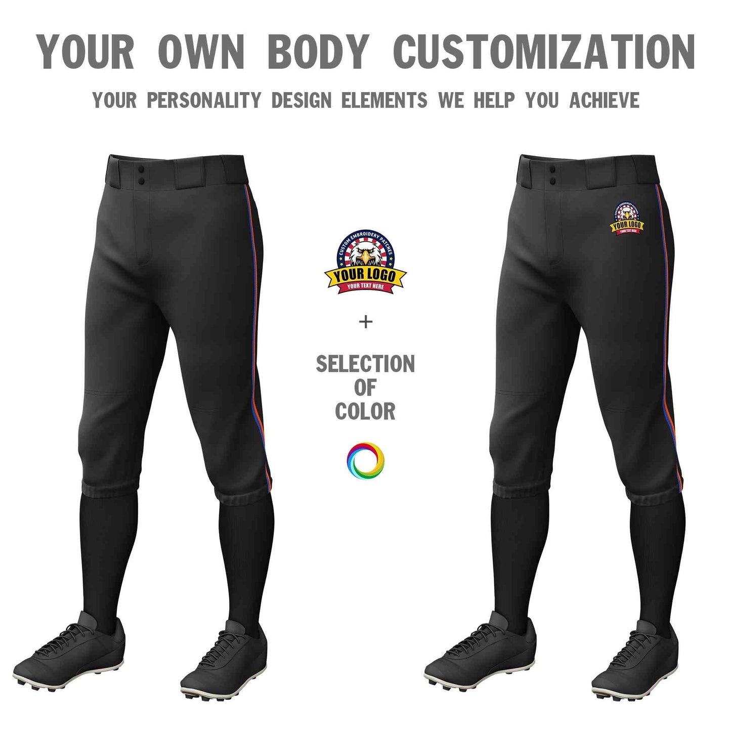 Custom Black Royal-Orange Classic Fit Stretch Practice Knickers Baseball Pants