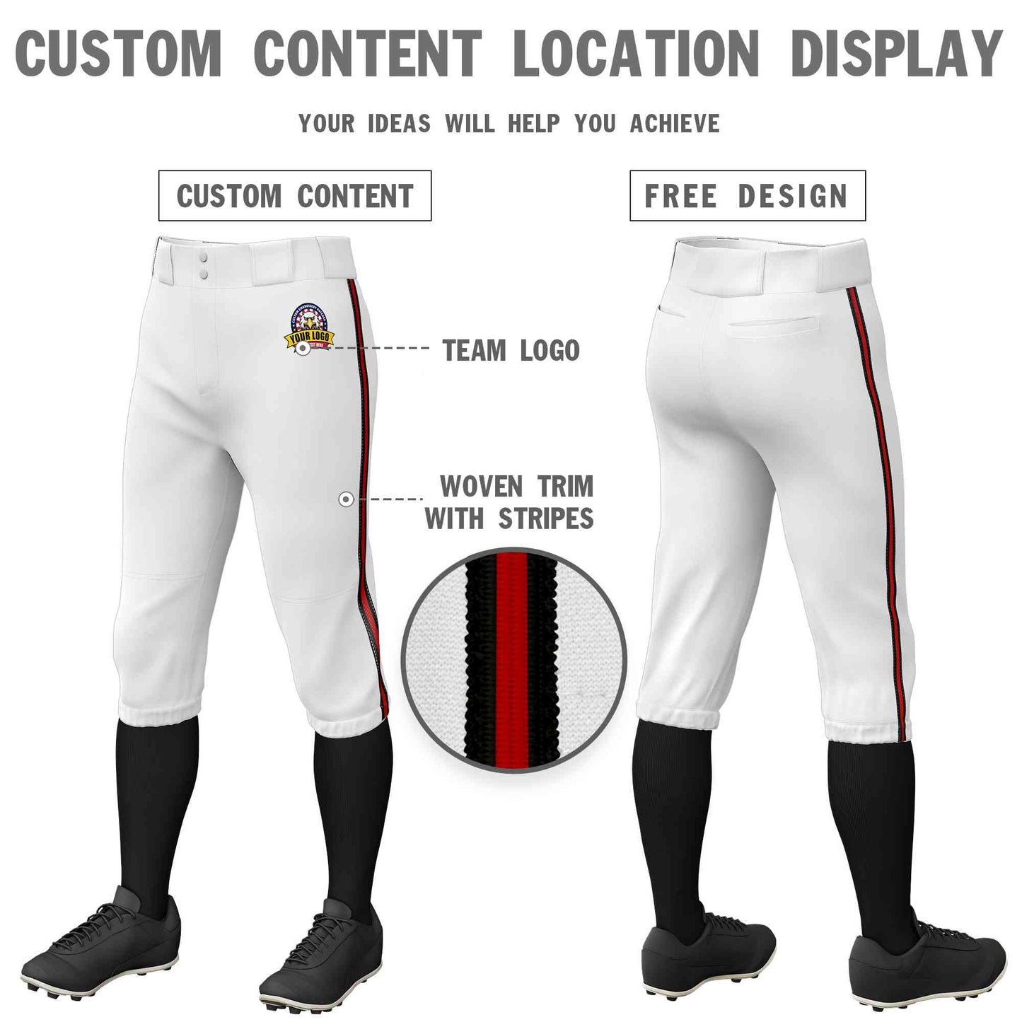 Custom White Black Red-Black Classic Fit Stretch Practice Knickers Baseball Pants