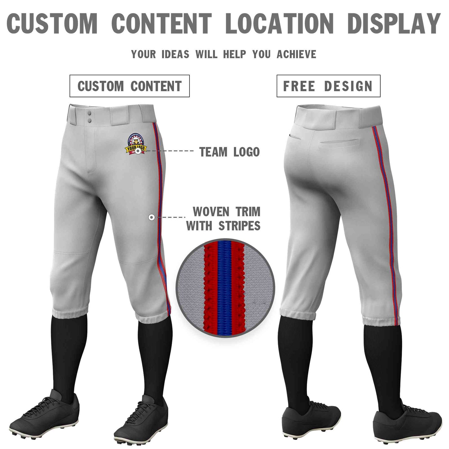 Custom Gray Red Royal-Red Classic Fit Stretch Practice Knickers Baseball Pants