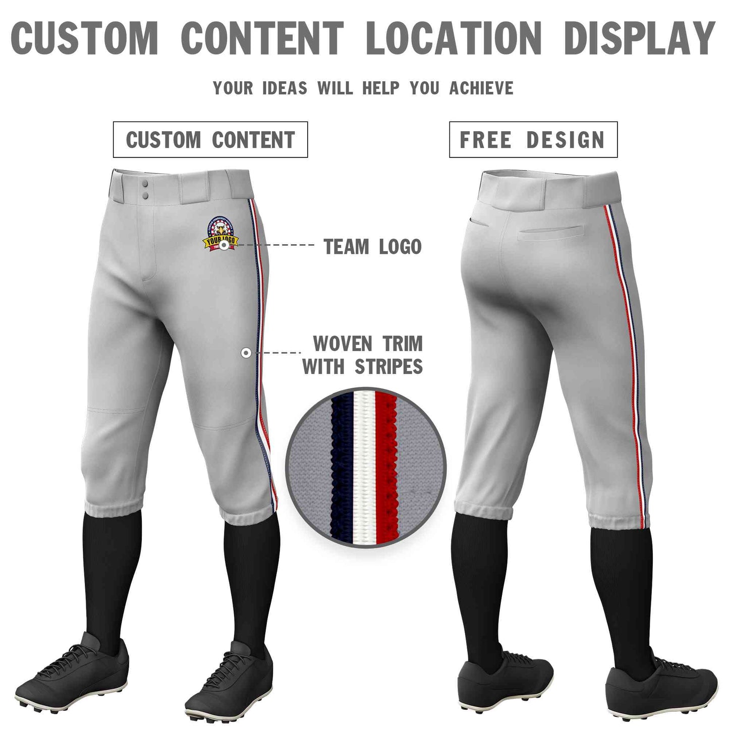 Custom Gray Navy White-Red Classic Fit Stretch Practice Knickers Baseball Pants