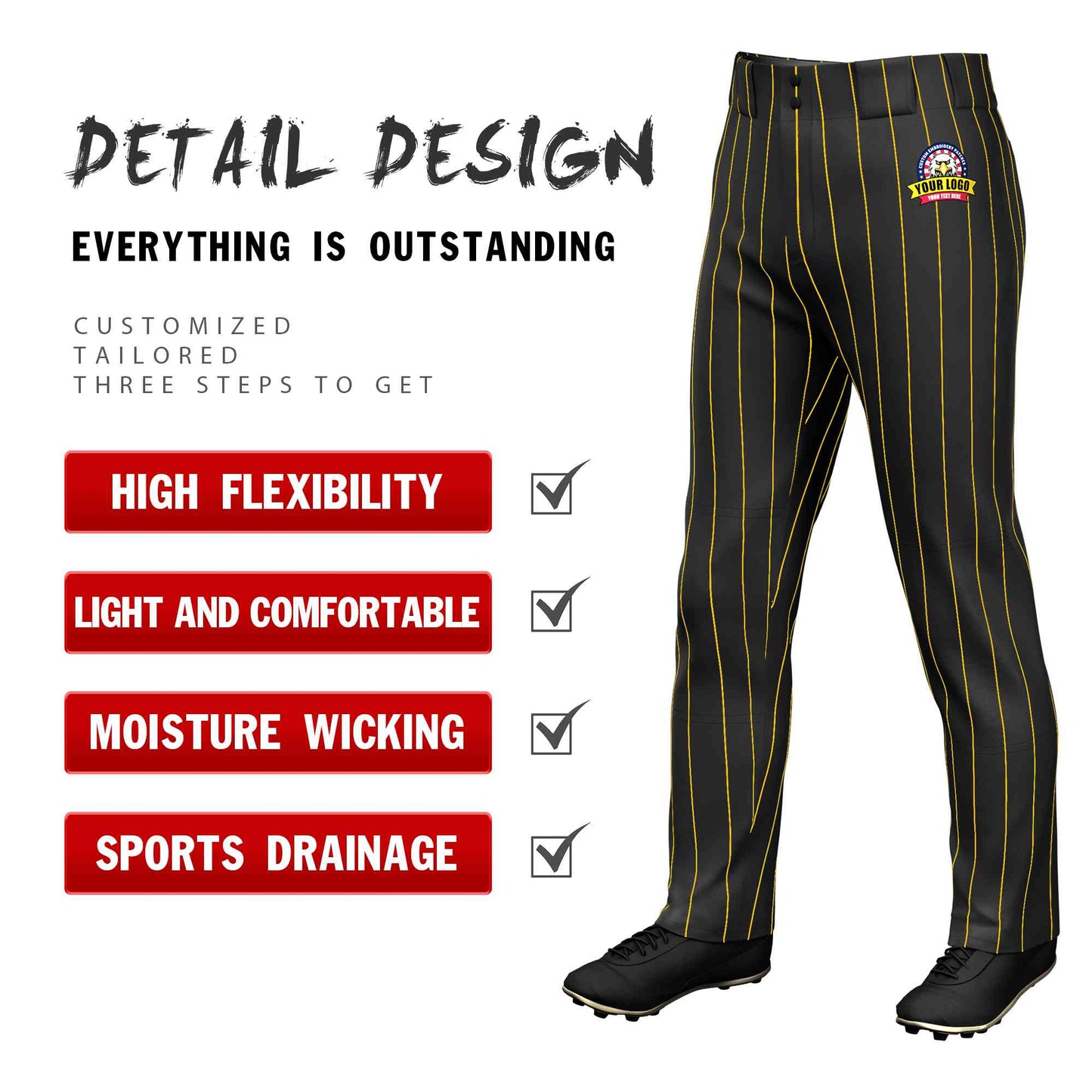 Custom Black Gold Pinstripe Fit Stretch Practice Loose-fit Baseball Pants