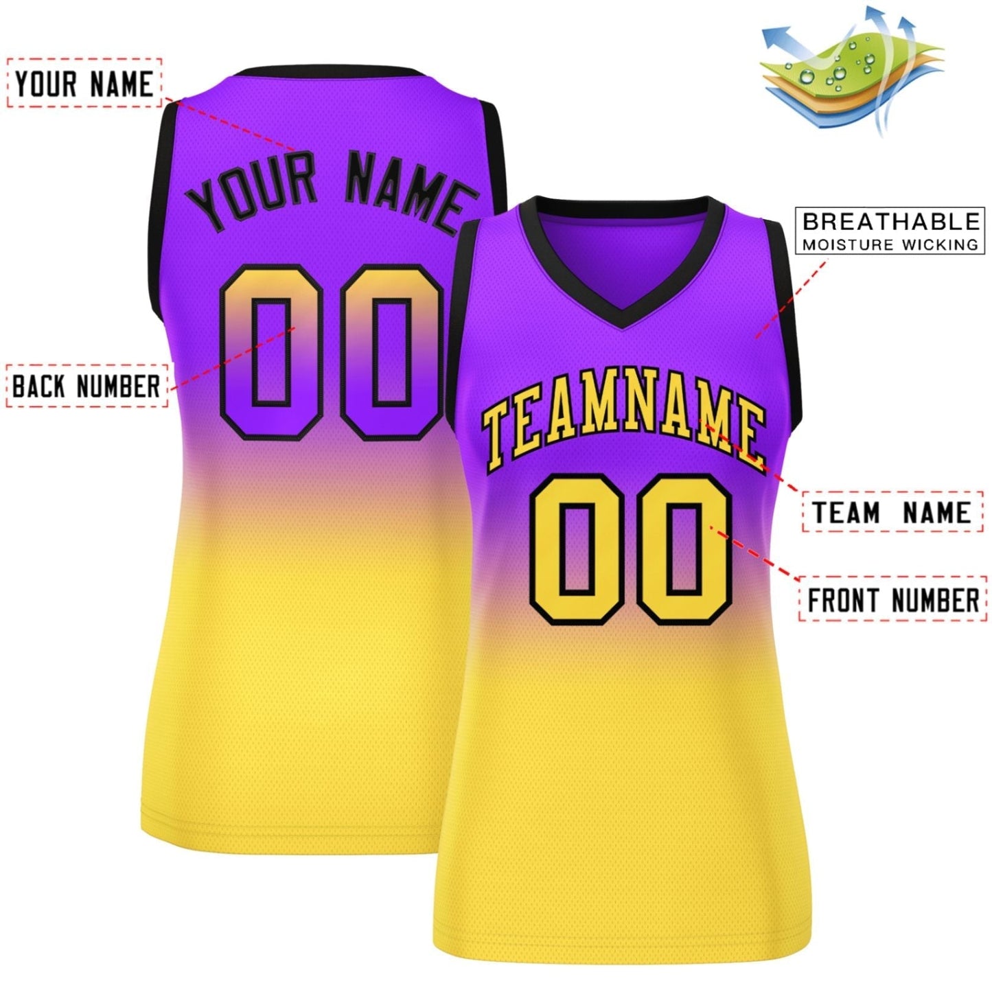 Custom Purple Gold Gradient Fashion Tops Mesh Netball Dress For Women