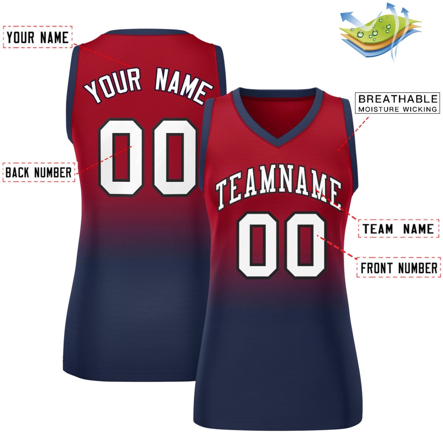 Custom Red Navy Gradient Fashion Tops Mesh Netball Dress For Women