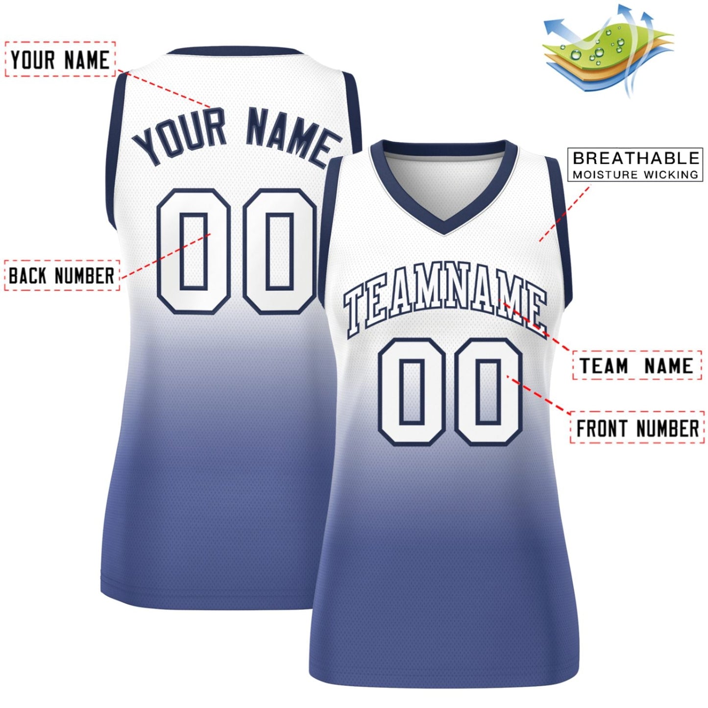 Custom White Navy Gradient Fashion Tops Mesh Netball Dress For Women