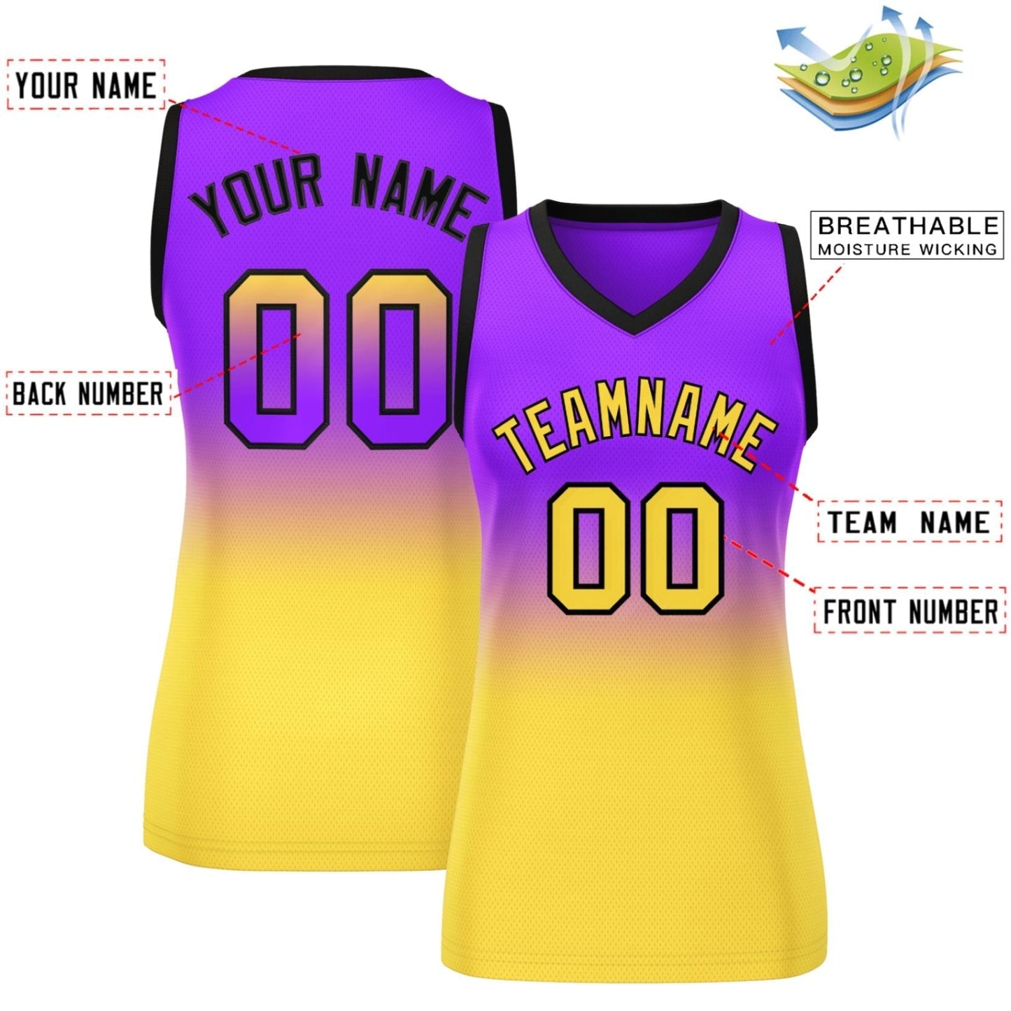 Custom Purple Gold Gradient Fashion Tops Mesh Netball Dress For Women