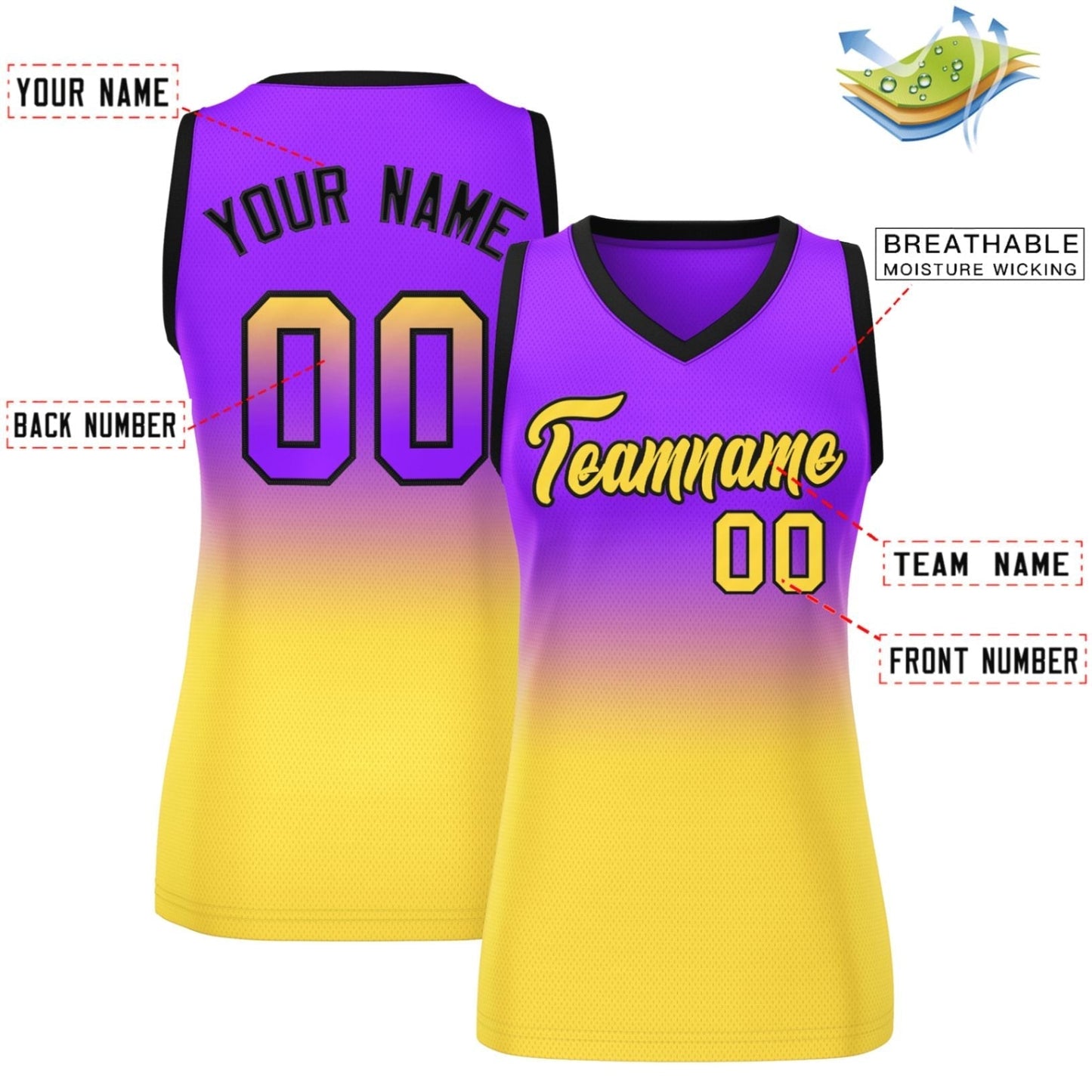 Custom Purple Gold Gradient Fashion Tops Mesh Netball Dress For Women