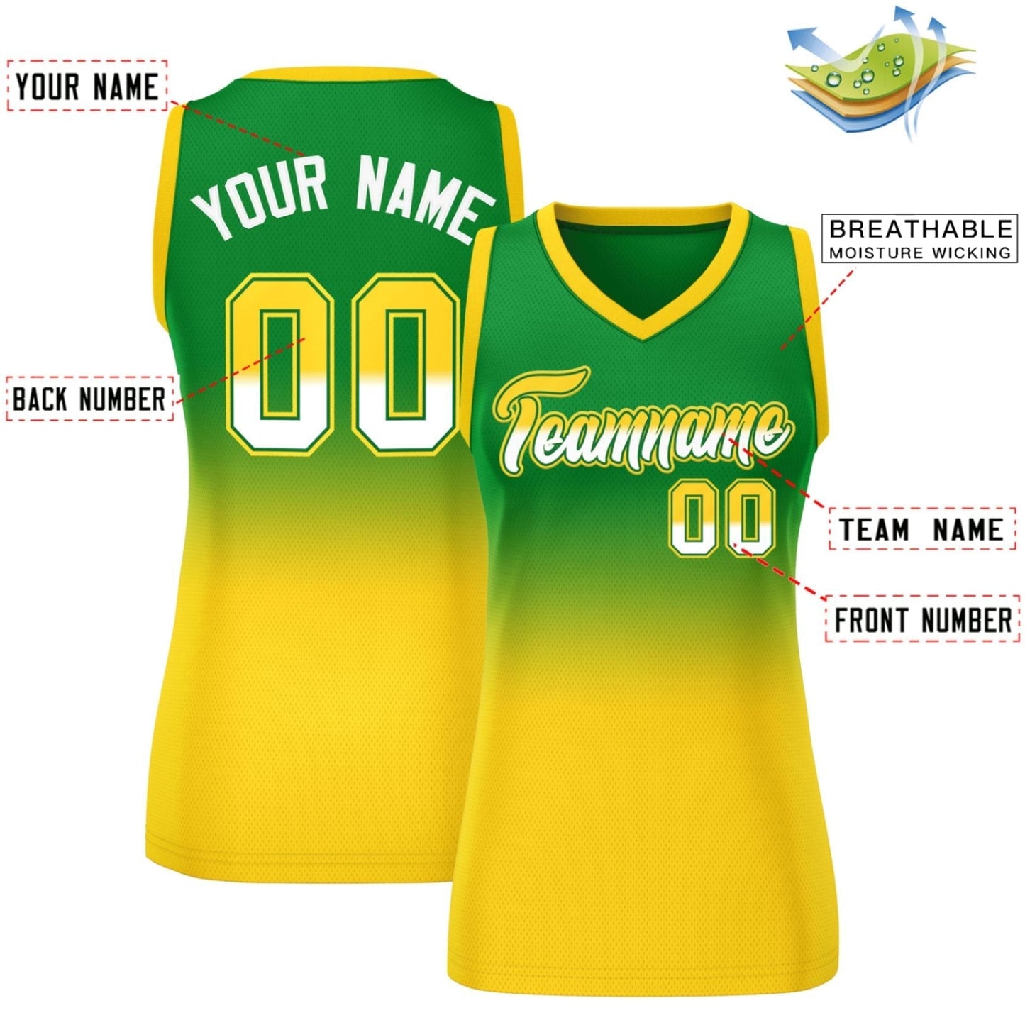 Custom Kelly Green Gold Gradient Fashion Tops Mesh Netball Dress For Women