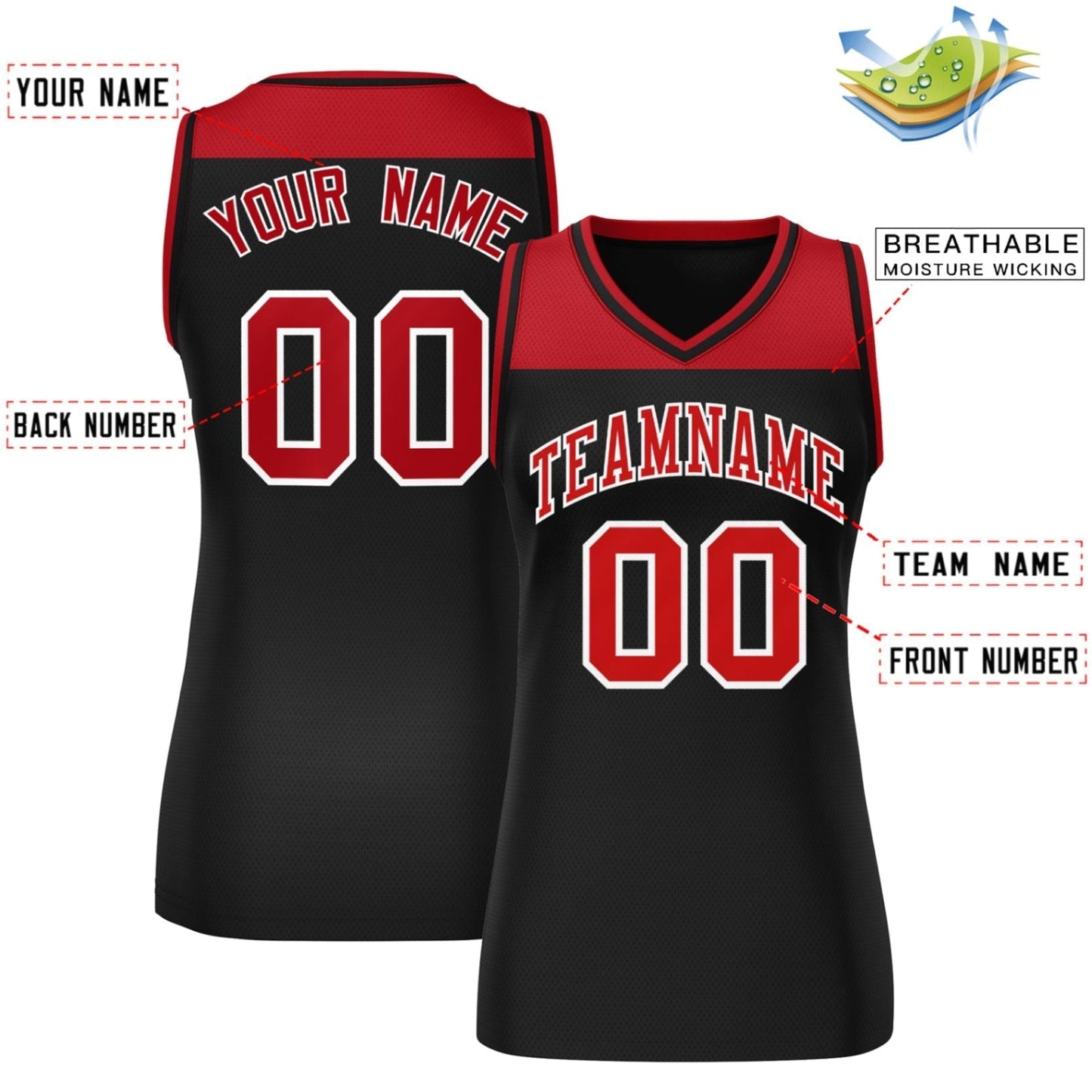 Custom Red Black Color Block Fashion Tops Mesh Netball Dress For Women