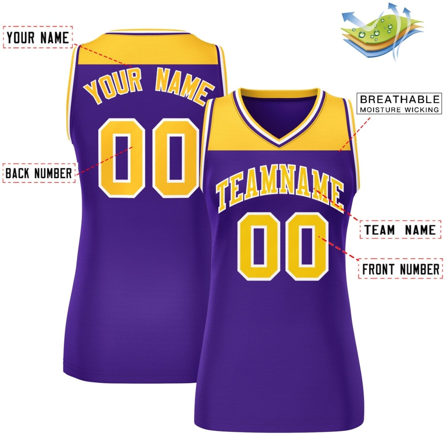 Custom Gold Purple Color Block Fashion Tops Mesh Netball Dress For Women