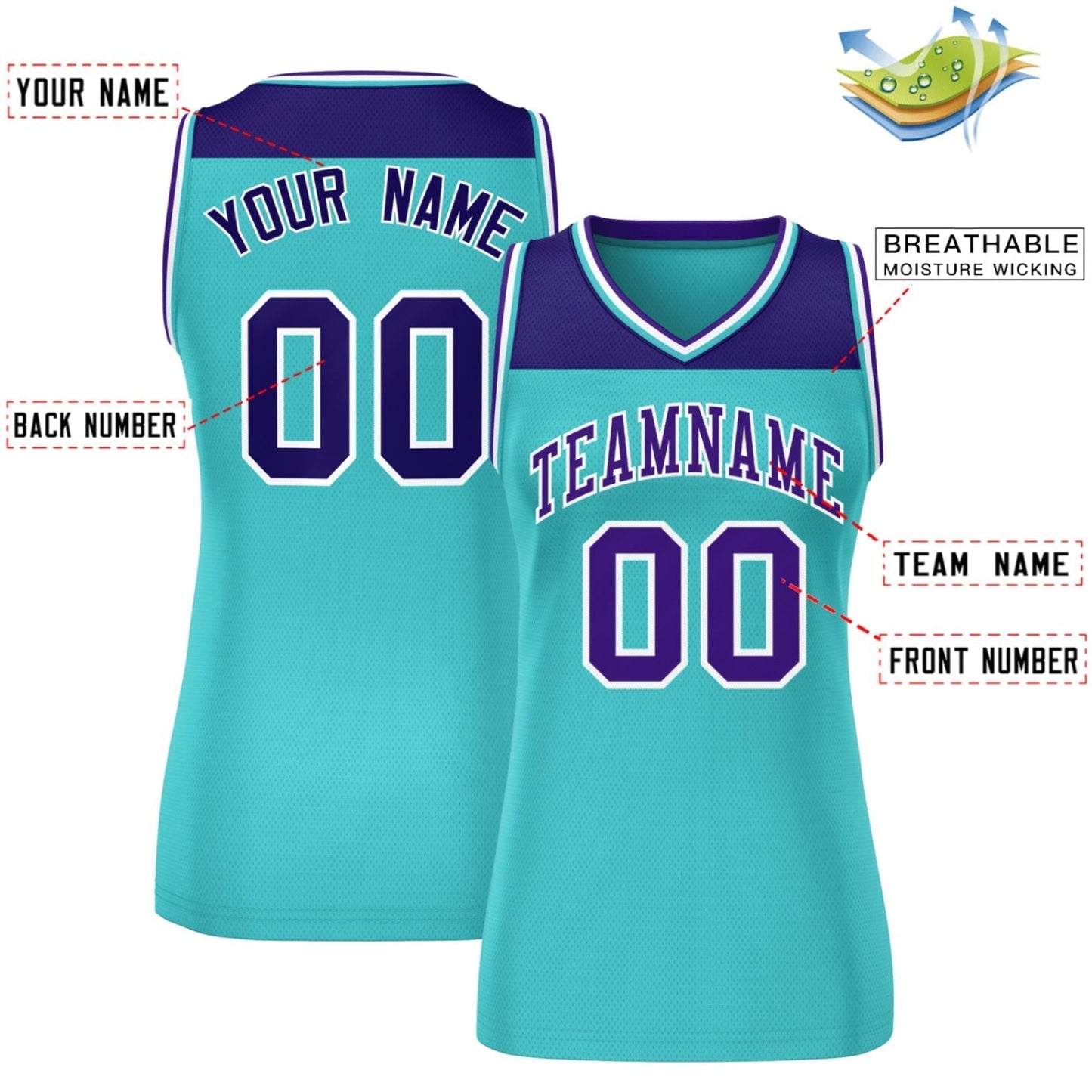 Custom Purple Aqua Color Block Fashion Tops Mesh Netball Dress For Women