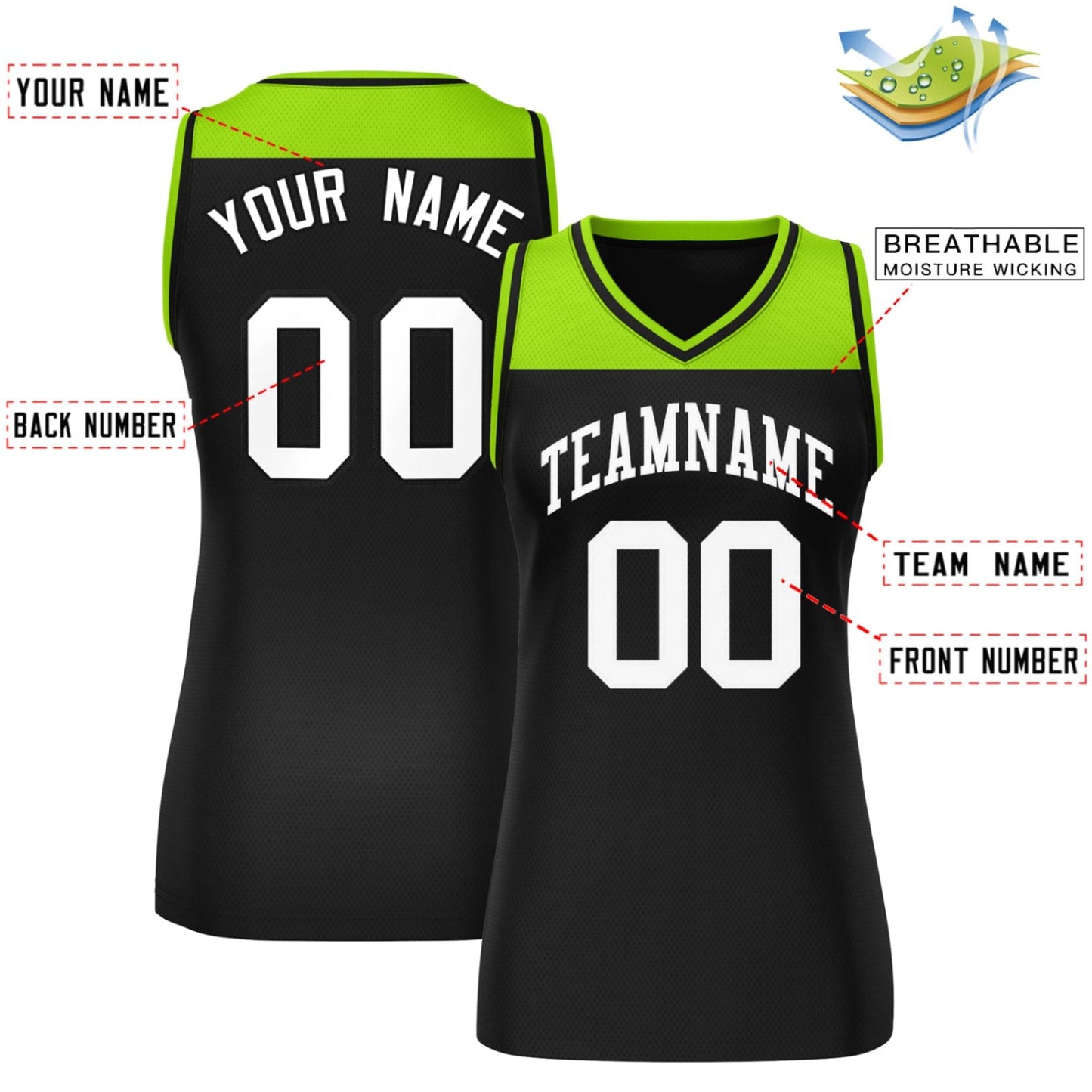 Custom Neon Green Black Color Block Fashion Tops Mesh Netball Dress For Women