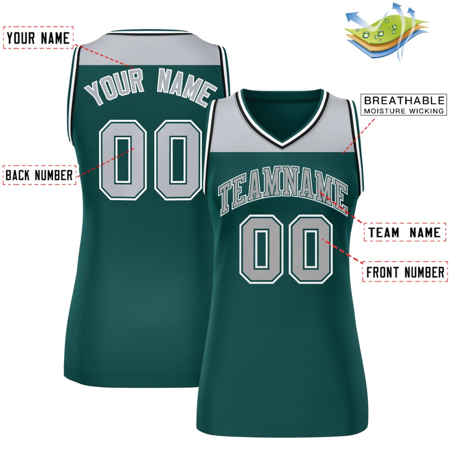 Custom Gray Midnight Green Color Block Fashion Tops Mesh Netball Dress For Women