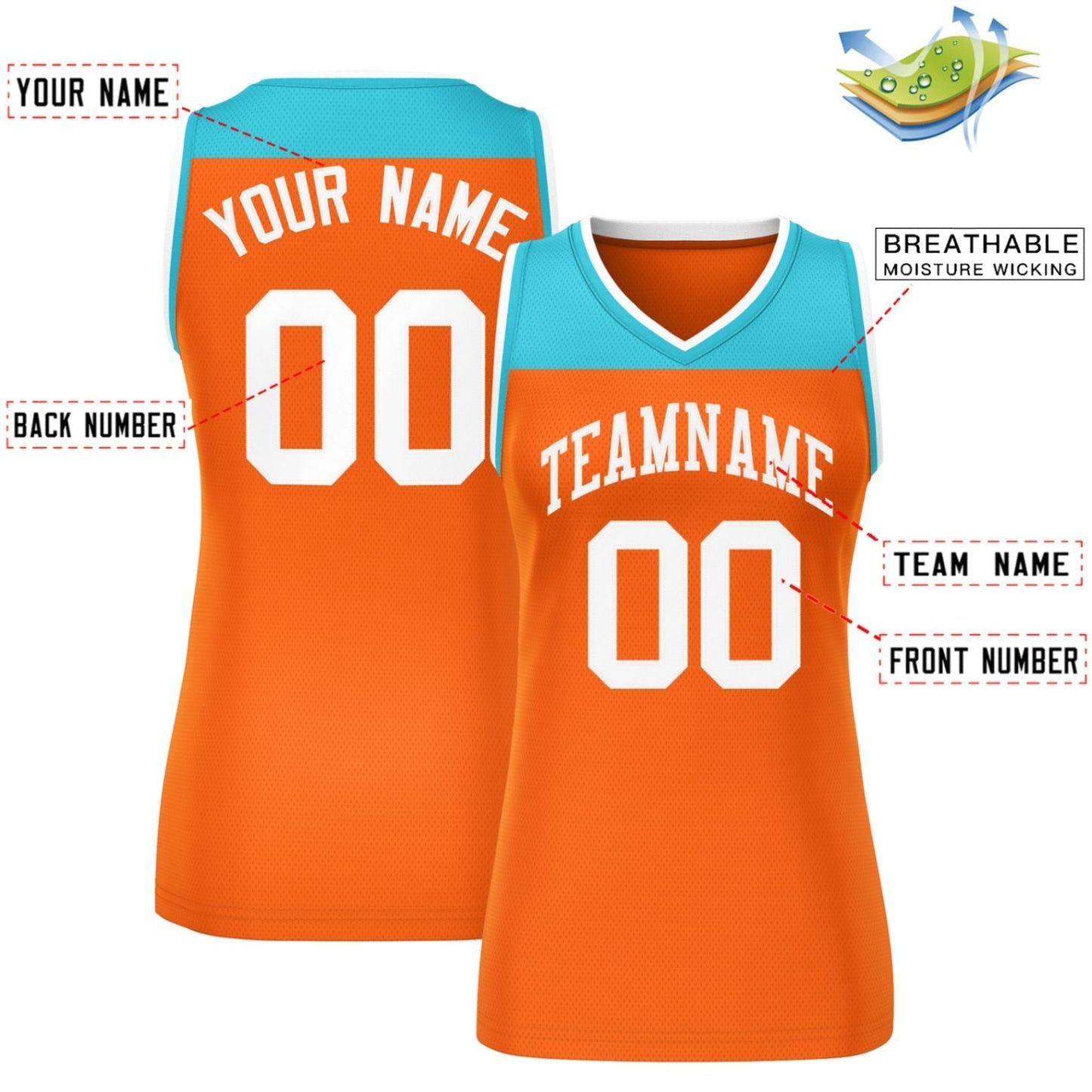 Custom Aqua Orange Color Block Fashion Tops Mesh Netball Dress For Women