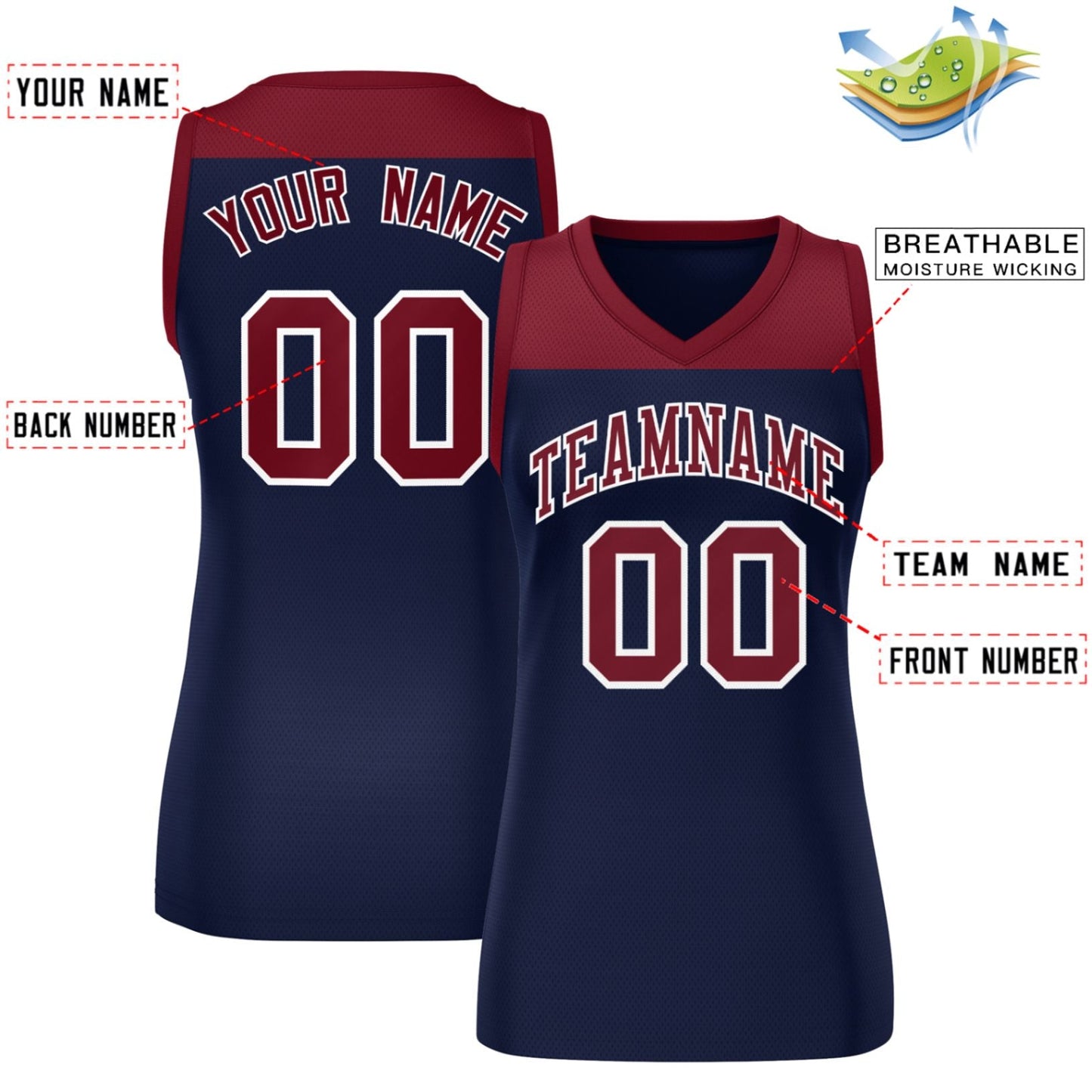 Custom Crimson Navy Color Block Fashion Tops Mesh Netball Dress For Women