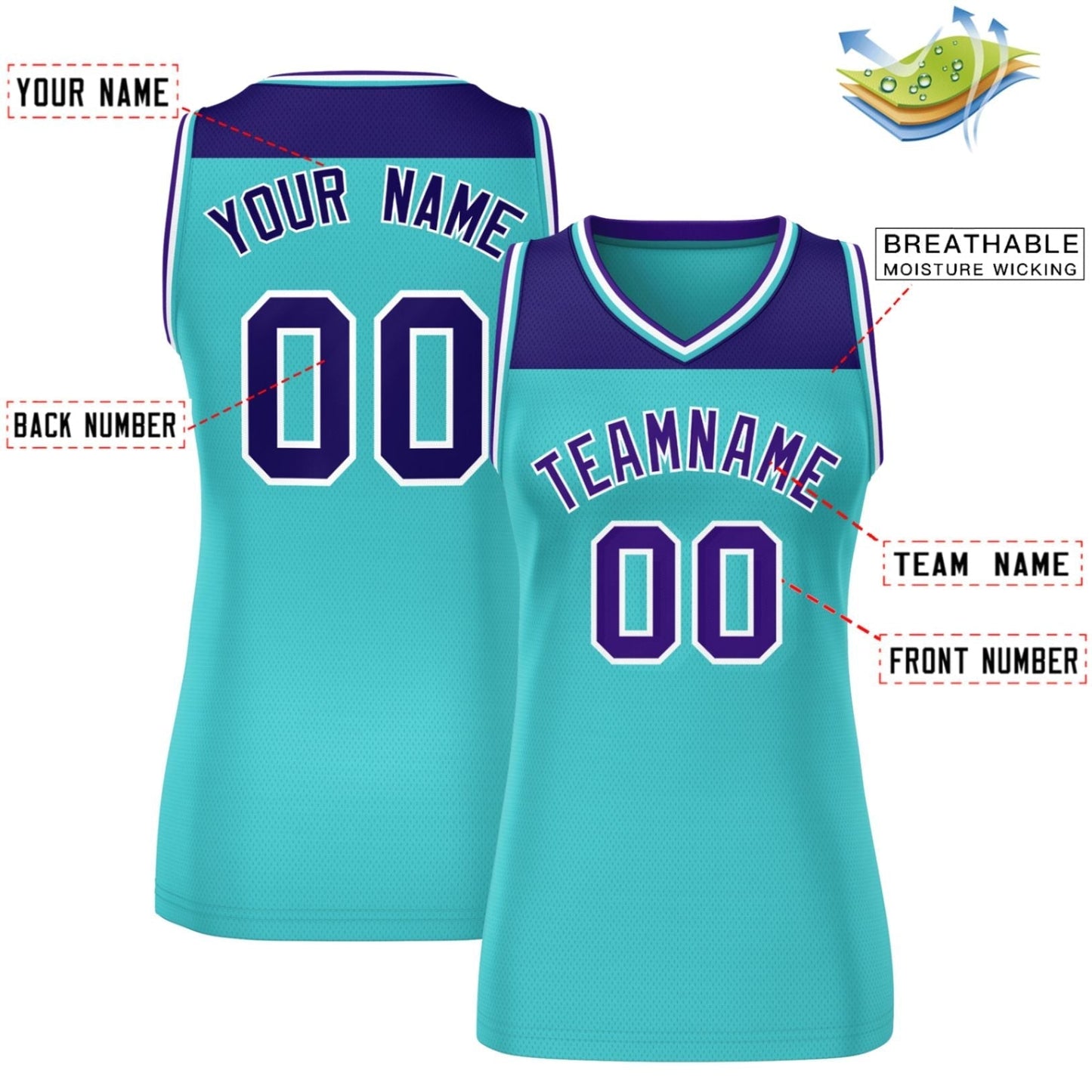 Custom Purple Aqua Color Block Fashion Tops Mesh Netball Dress For Women