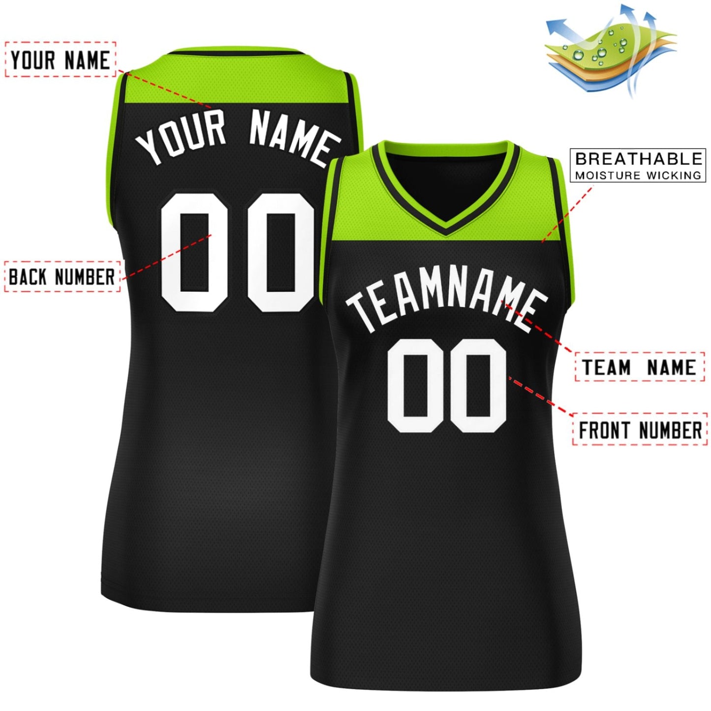 Custom Neon Green Black Color Block Fashion Tops Mesh Netball Dress For Women