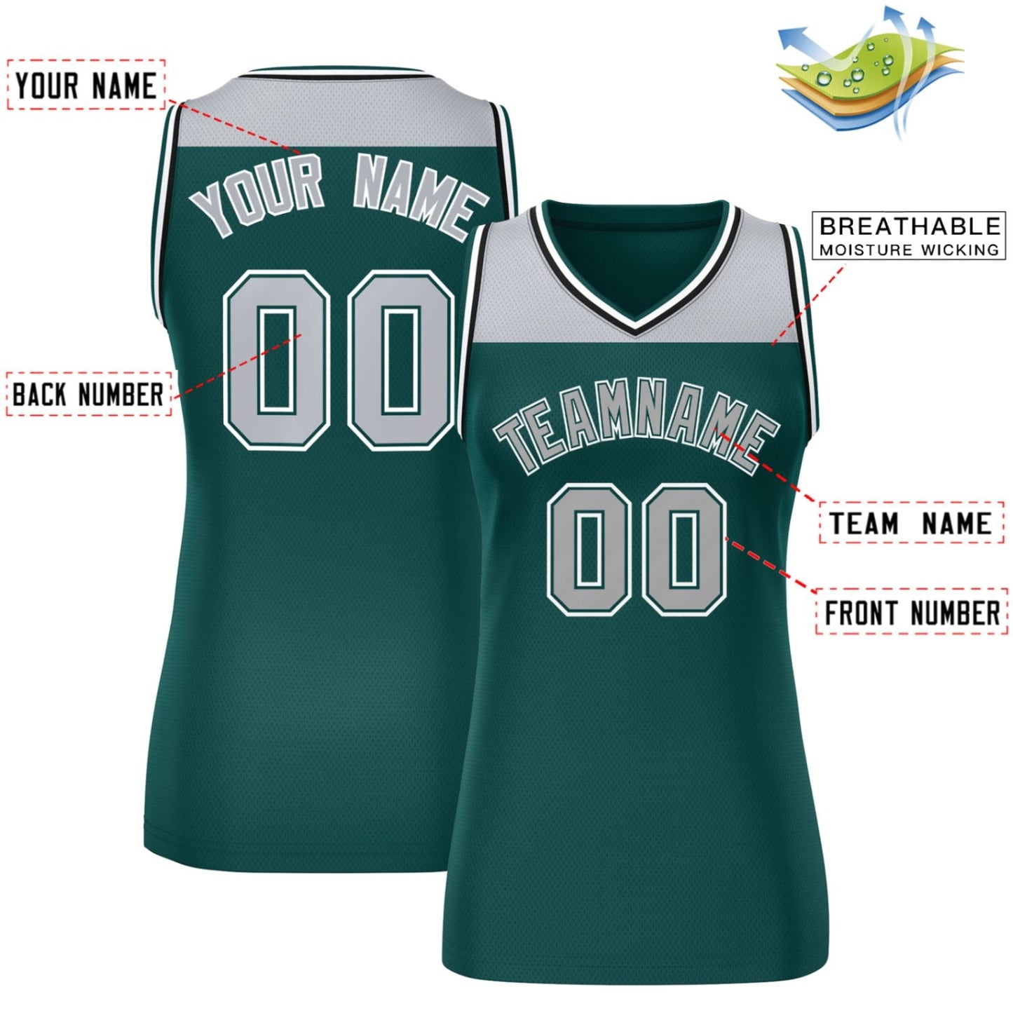 Custom Gray Midnight Green Color Block Fashion Tops Mesh Netball Dress For Women