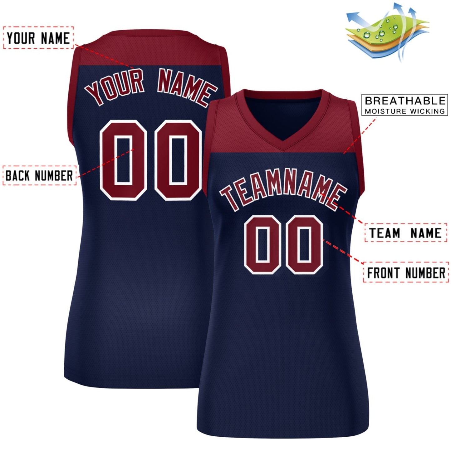 Custom Crimson Navy Color Block Fashion Tops Mesh Netball Dress For Women