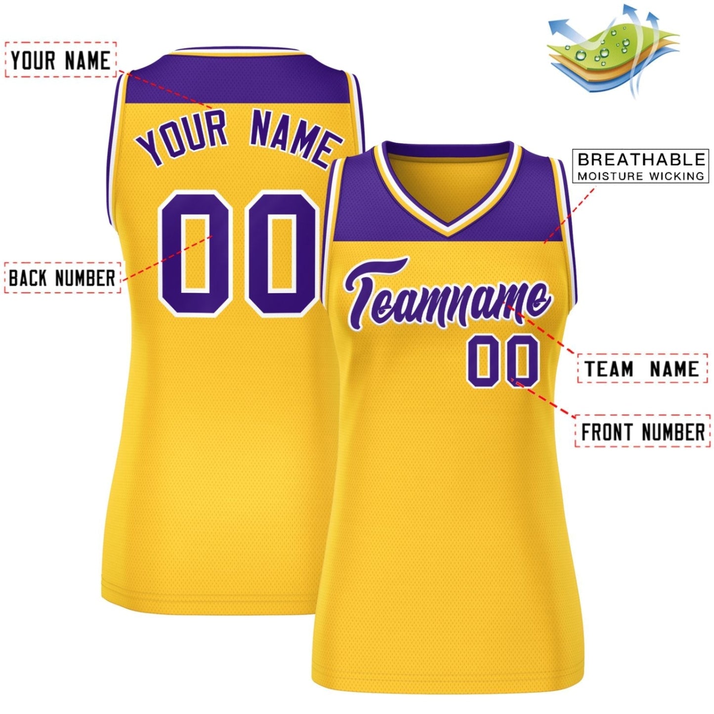 Custom Purple Gold Color Block Fashion Tops Mesh Netball Dress For Women