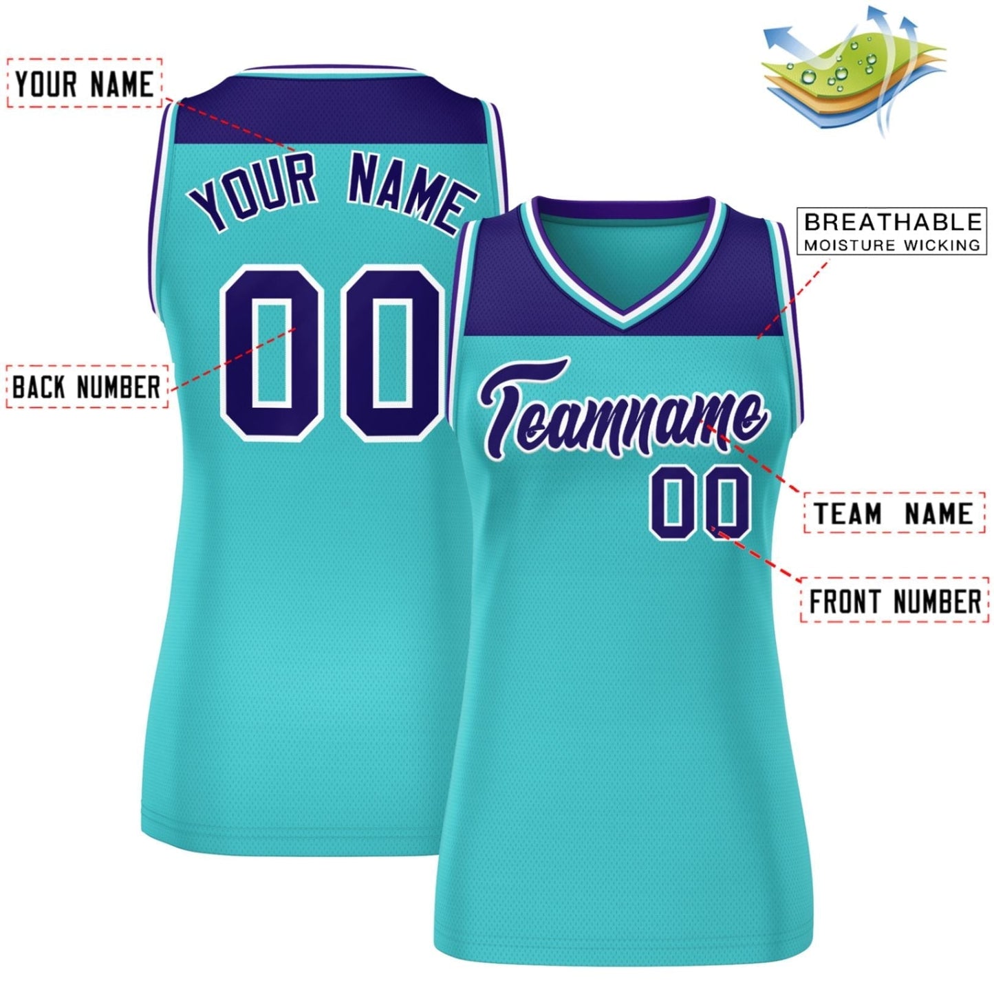Custom Purple Aqua Color Block Fashion Tops Mesh Netball Dress For Women