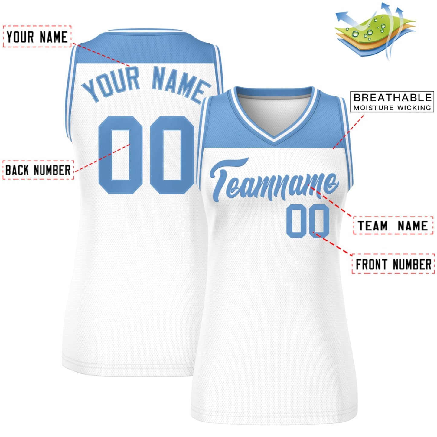 Custom Light Blue White Color Block Fashion Tops Mesh Netball Dress For Women