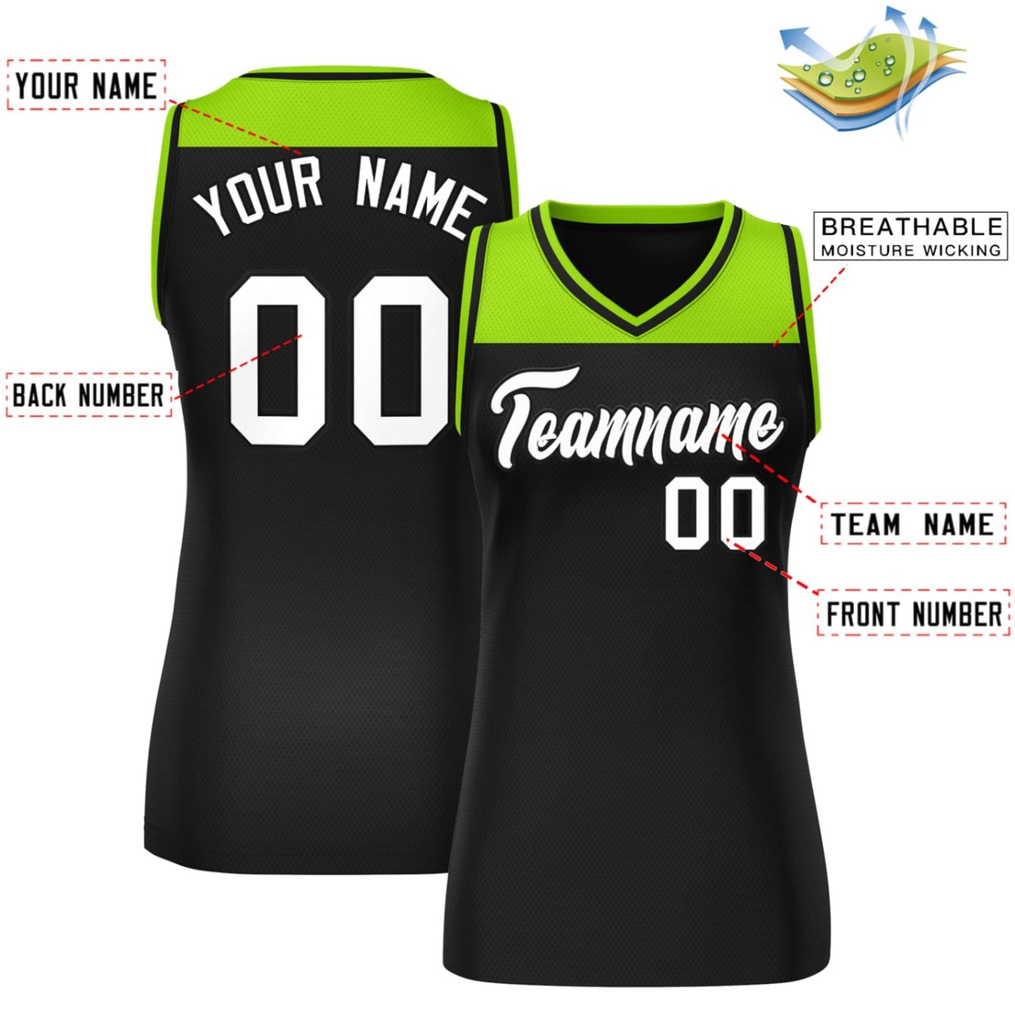 Custom Neon Green Black Color Block Fashion Tops Mesh Netball Dress For Women