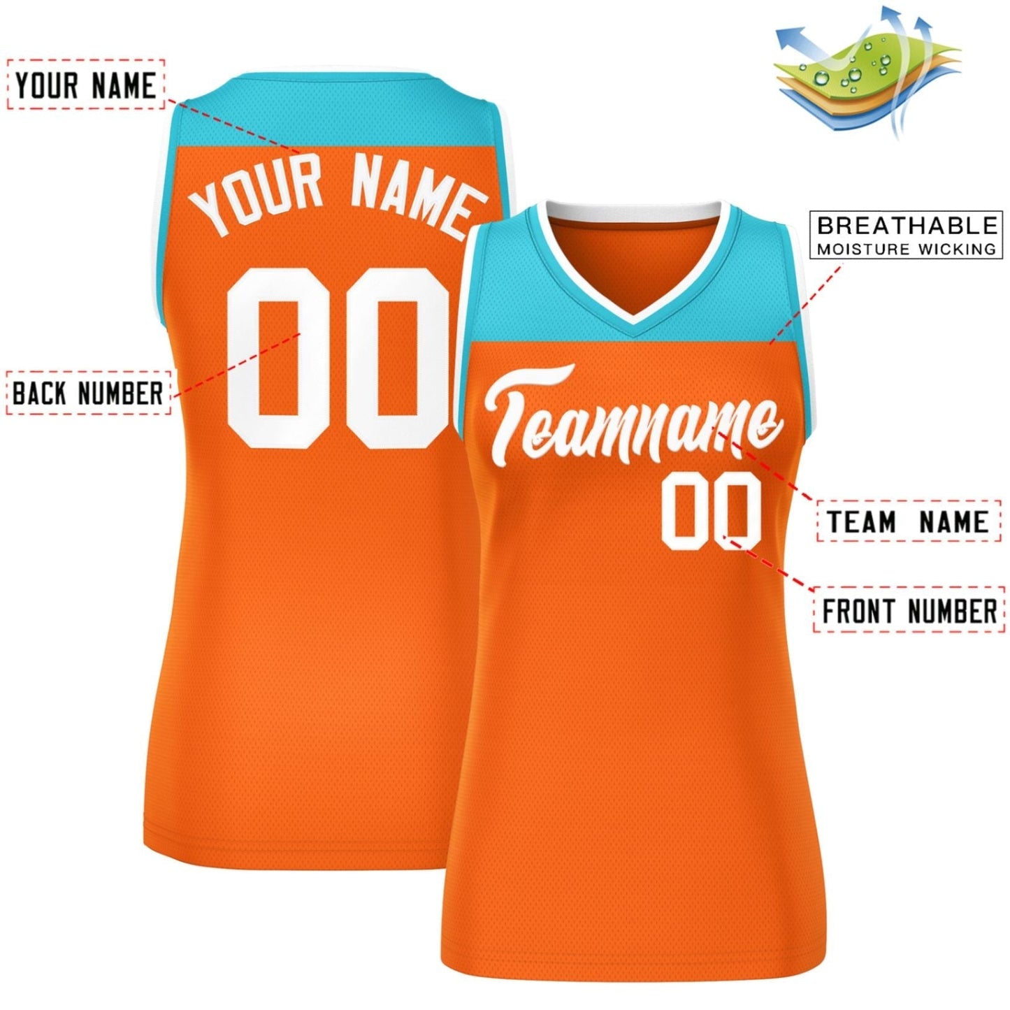 Custom Aqua Orange Color Block Fashion Tops Mesh Netball Dress For Women