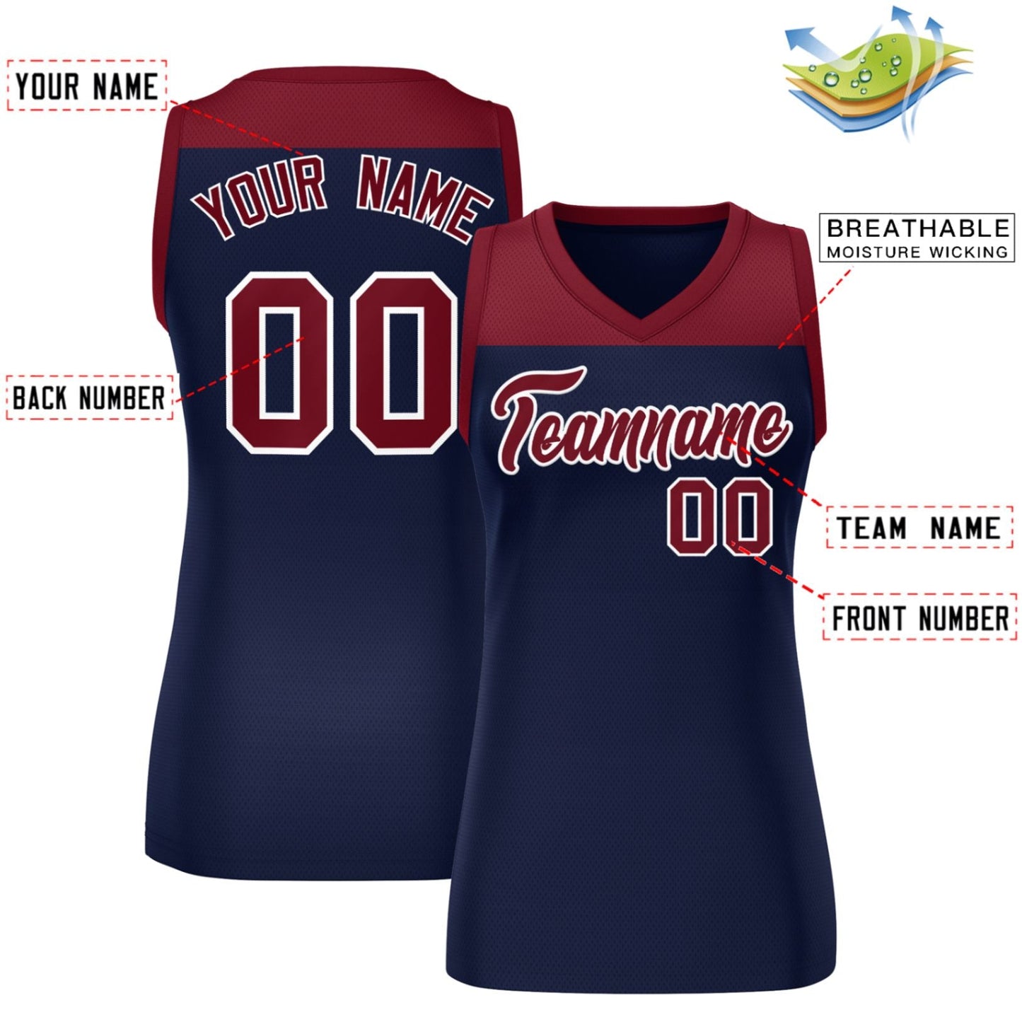 Custom Crimson Navy Color Block Fashion Tops Mesh Netball Dress For Women