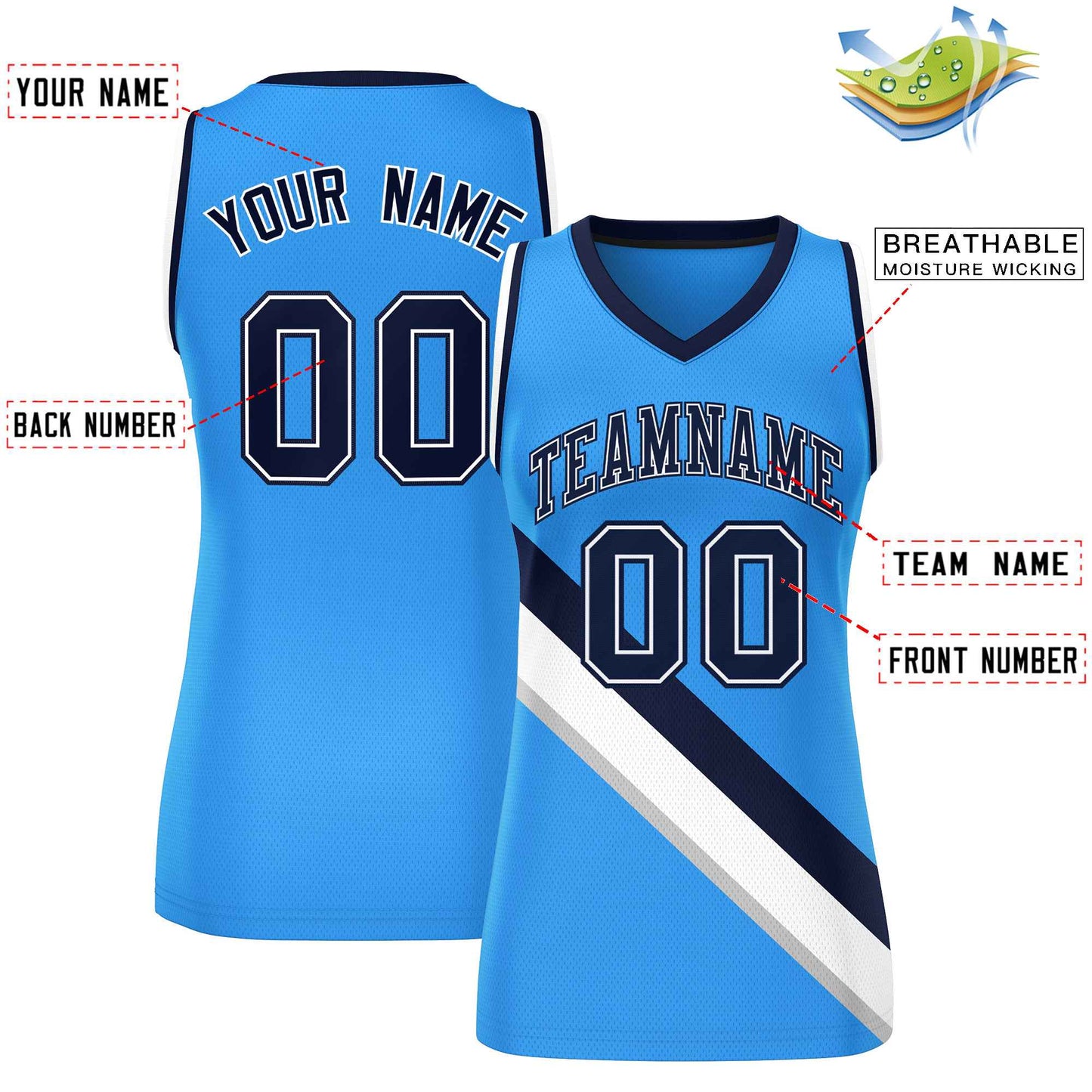 Custom Powder Blue Navy-White Thick Slash Fashion Tops Mesh Netball Dress For Women
