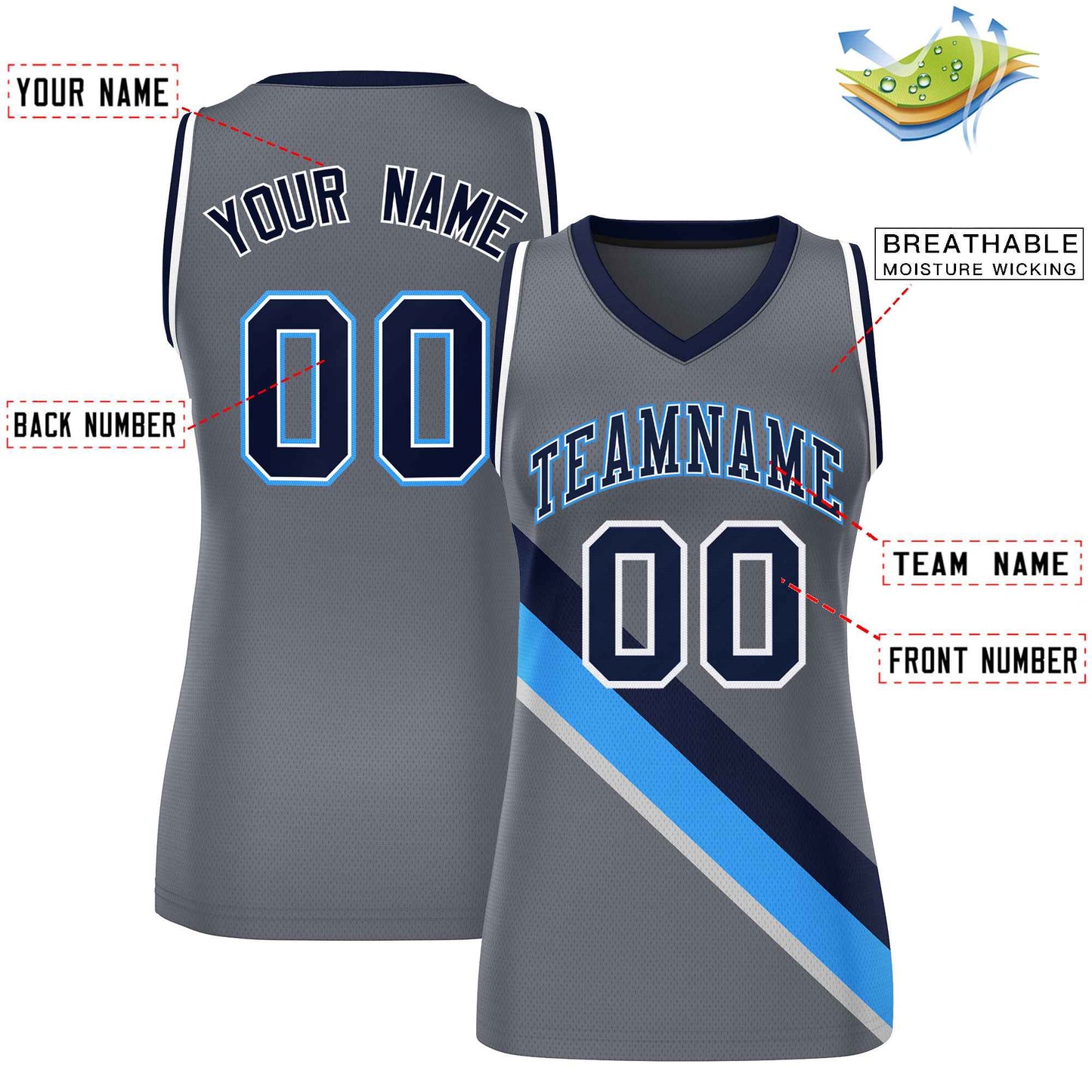Custom Dark Gray White-Navy Thick Slash Fashion Tops Mesh Netball Dress For Women