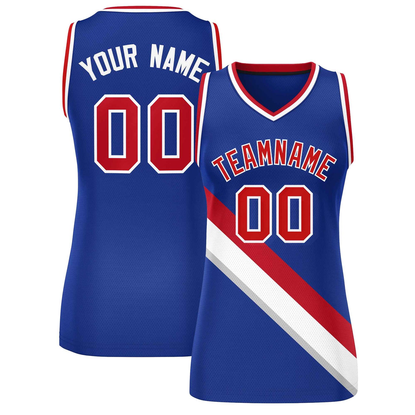 Custom Royal White-Red Thick Slash Fashion Tops Mesh Netball Dress For Women